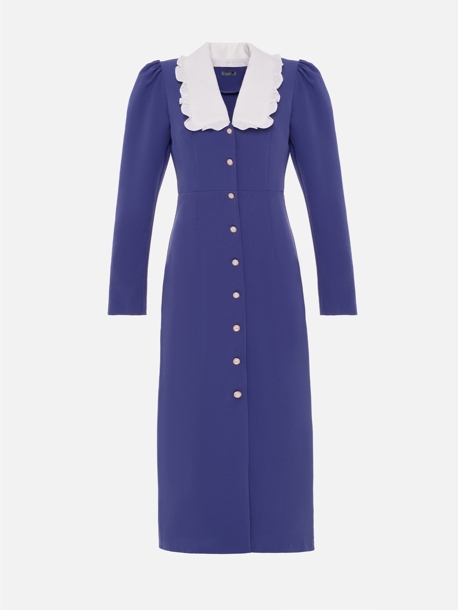 Contrast-collar pearl-button midi dress :: LICHI - Online fashion