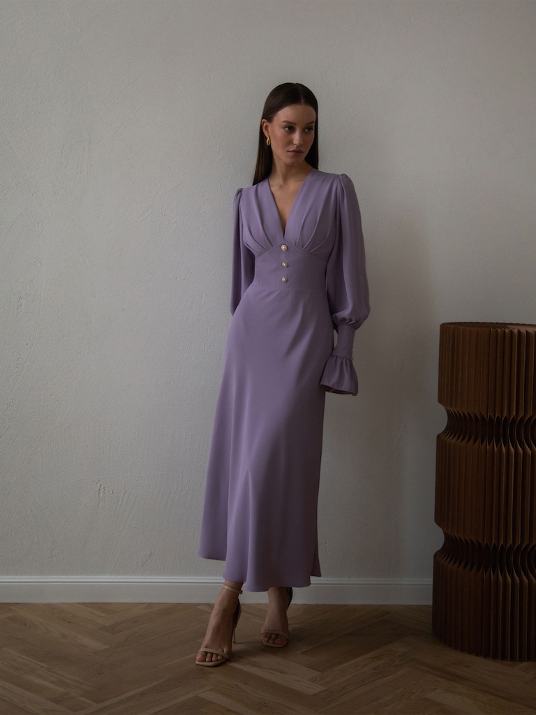 LICHI - Online fashion store :: Midi dress with pleated bodice and voluminous cuffs