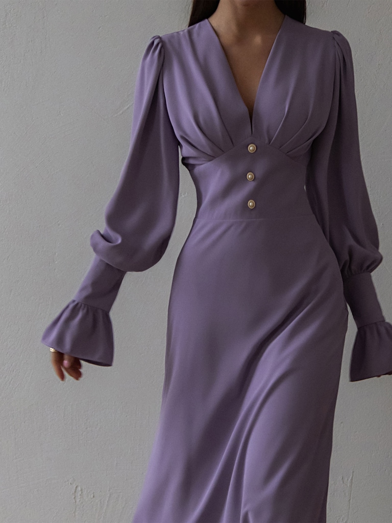LICHI - Online fashion store :: Midi dress with pleated bodice and voluminous cuffs