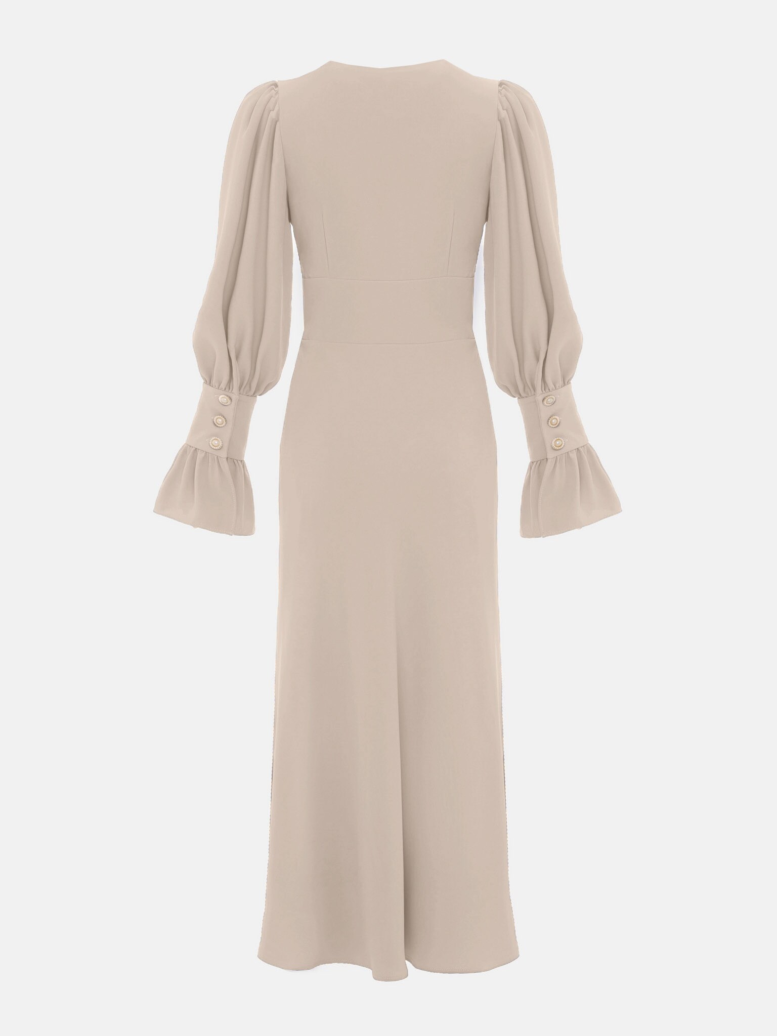 Midi dress with pleated bodice and voluminous cuffs :: LICHI