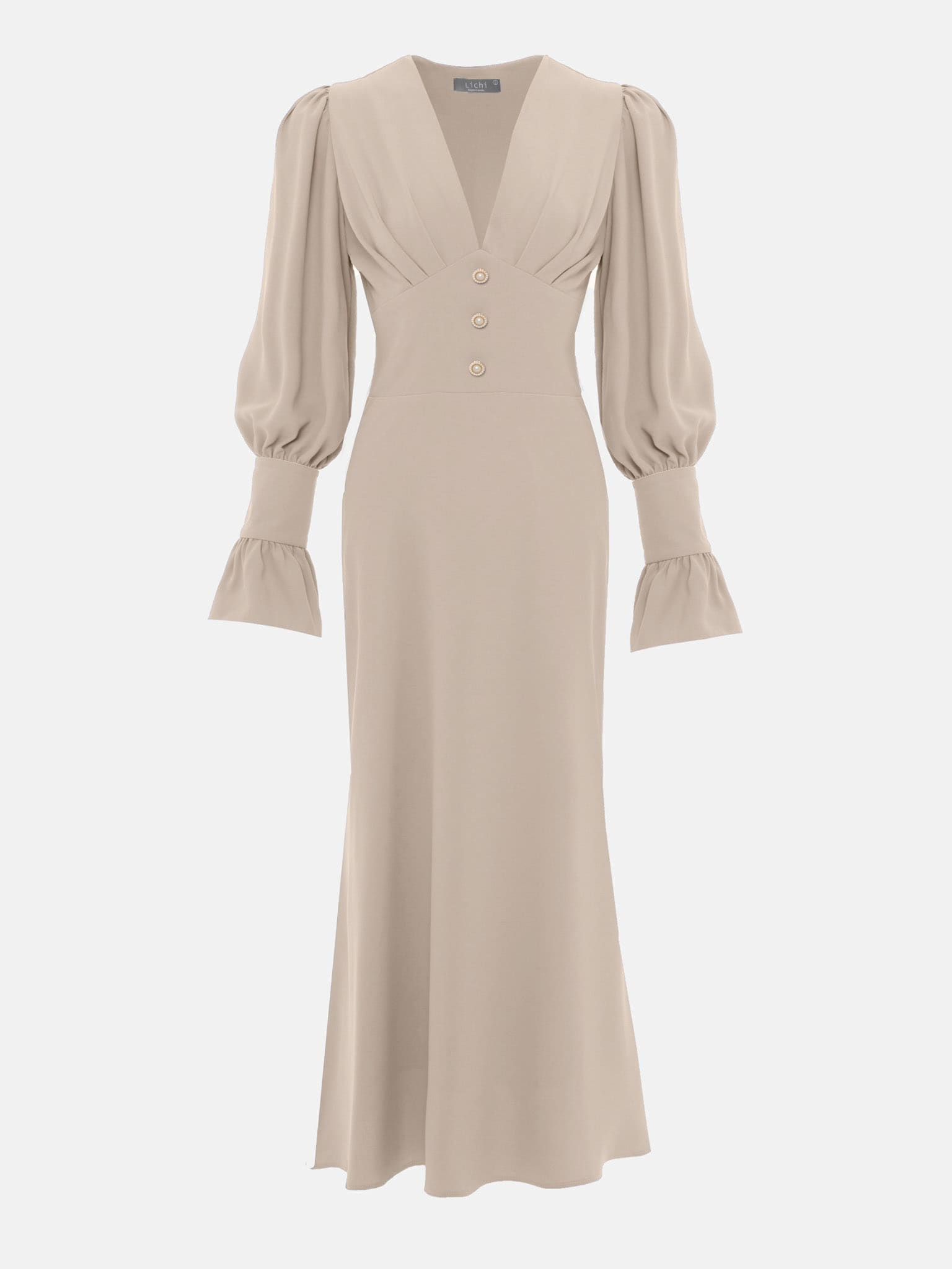 Midi dress with pleated bodice and voluminous cuffs