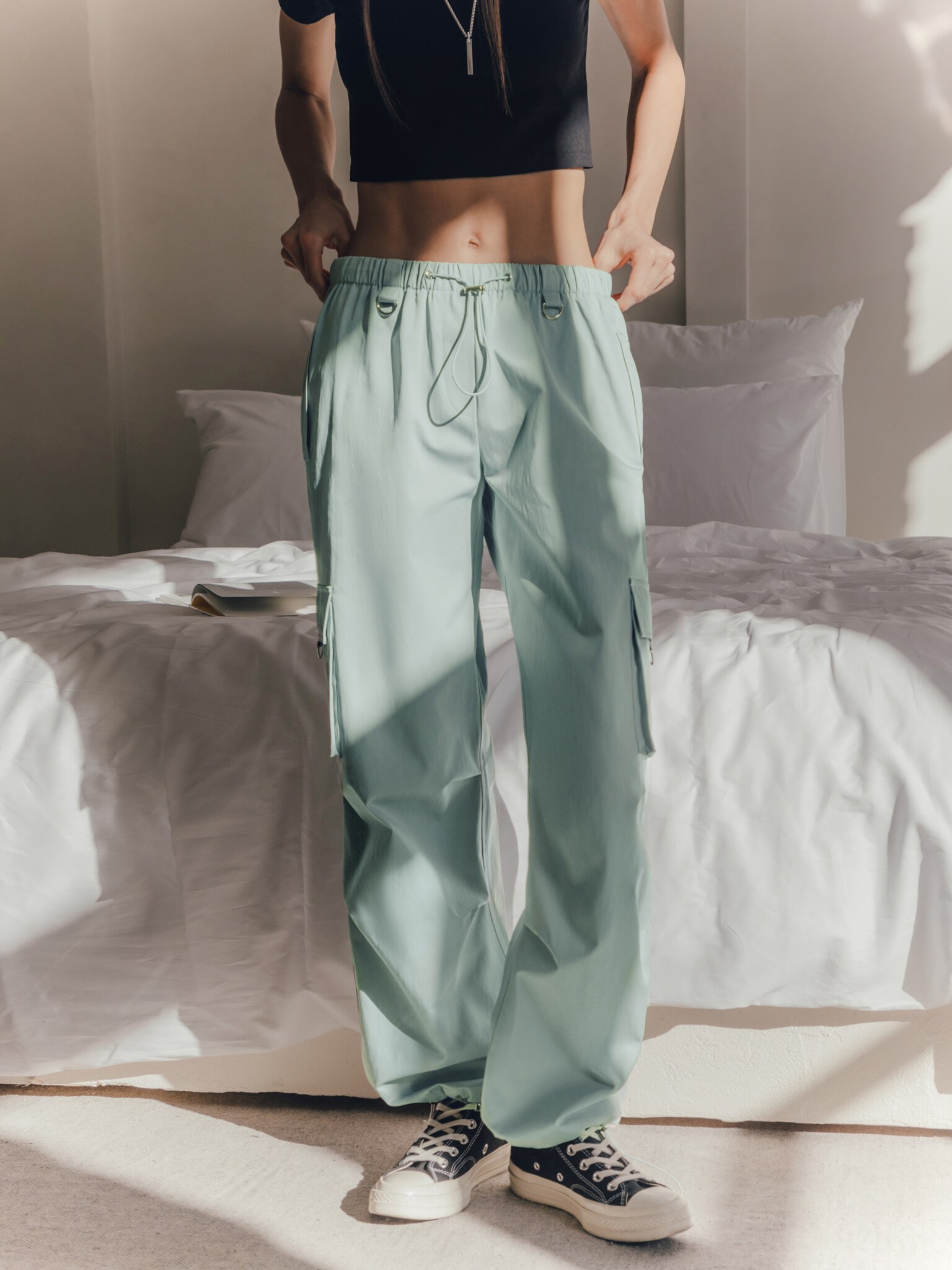 Loose cargo trousers with elastic pants legs :: LICHI - Online fashion store