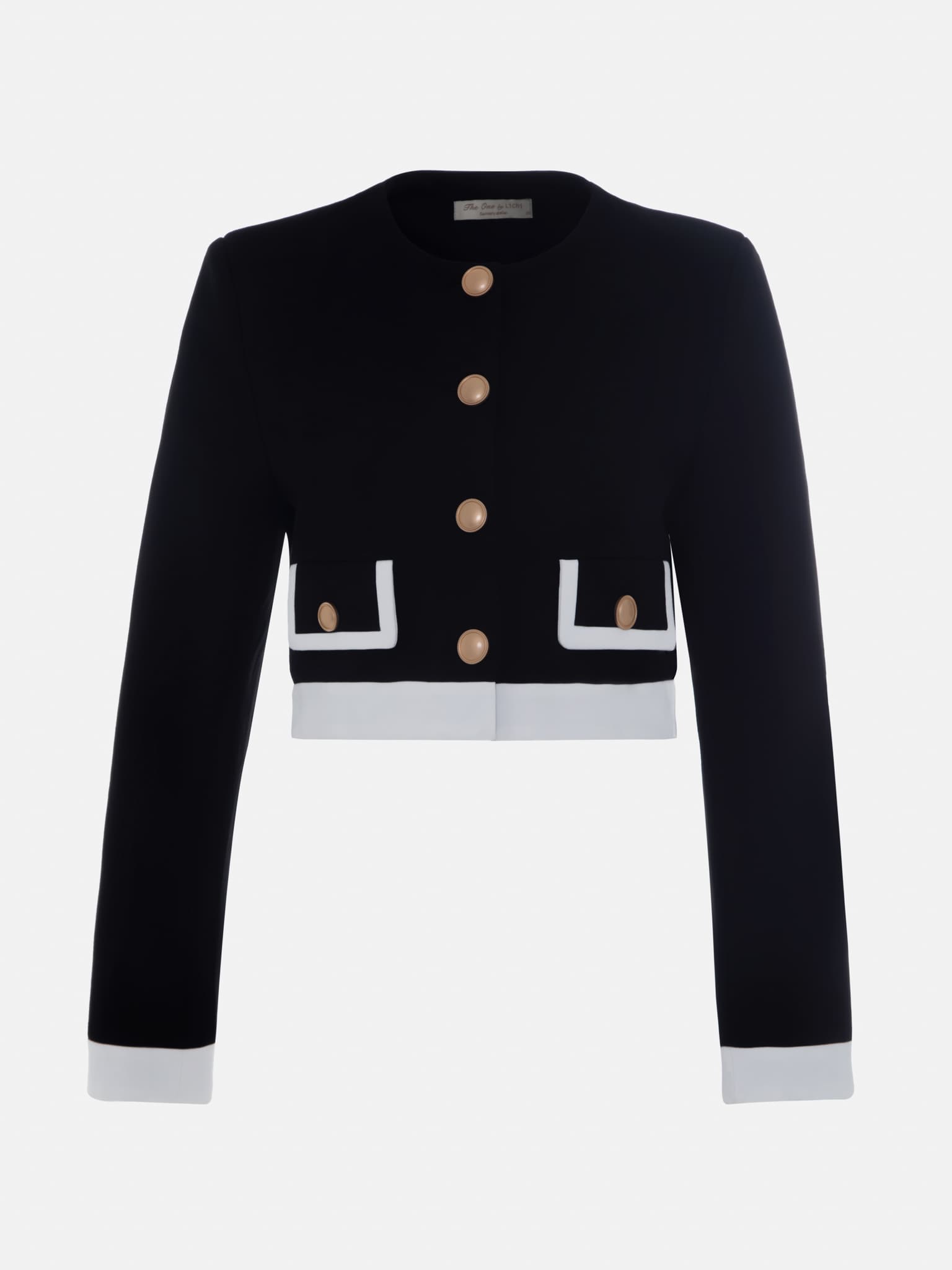 Cropped jacket with large buttons and contrasting inserts