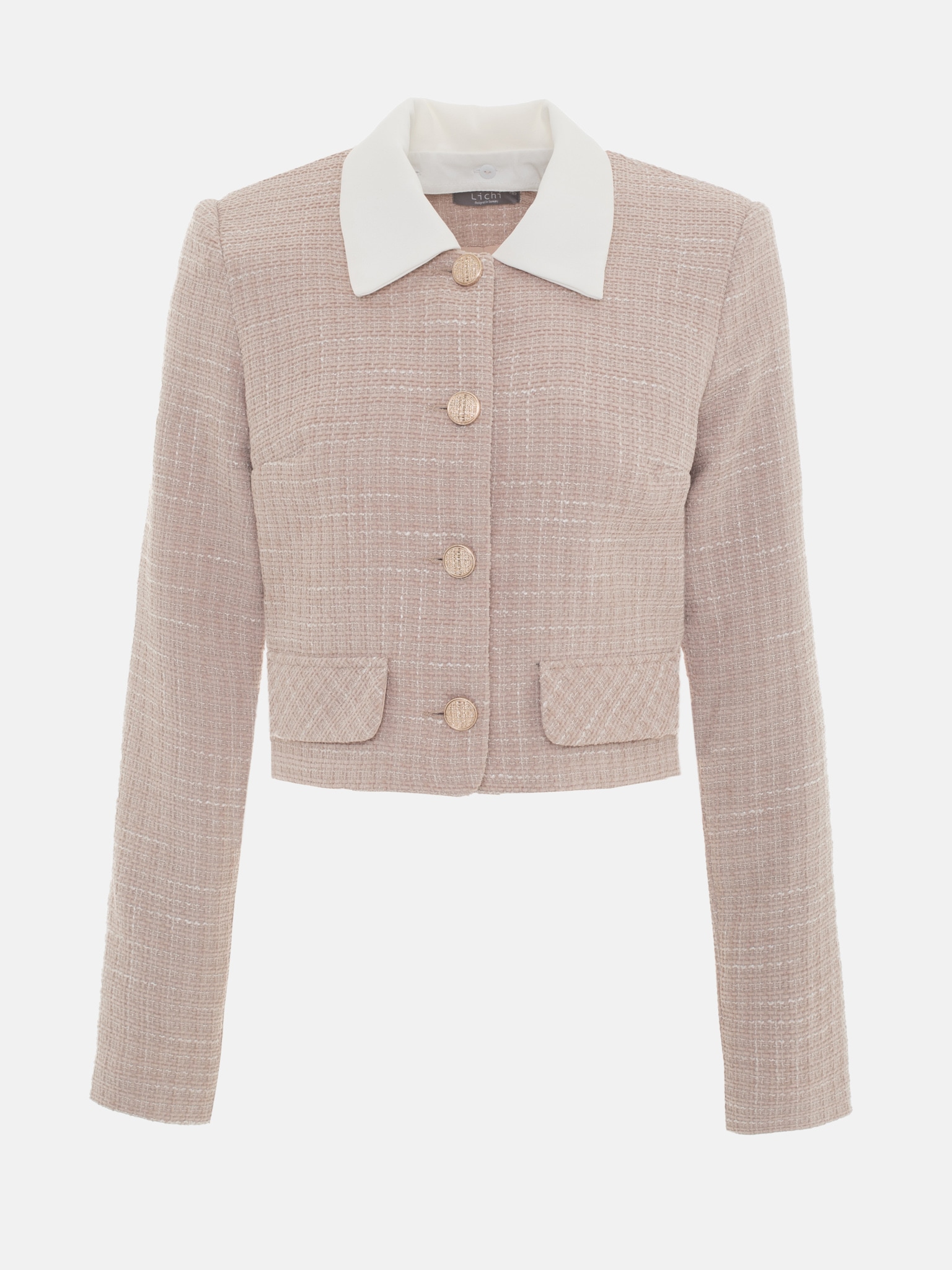 Cropped tweed jacket with contrasting collar :: LICHI - Online fashion ...