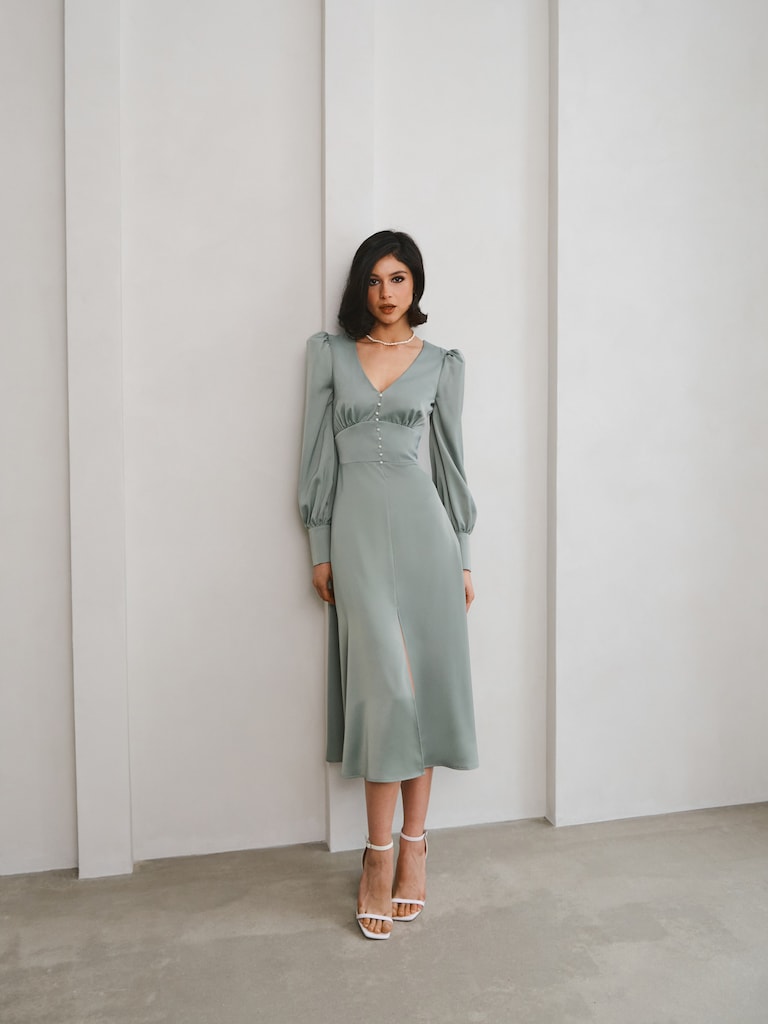 LICHI - Online fashion store :: Button-embellished satin midi dress