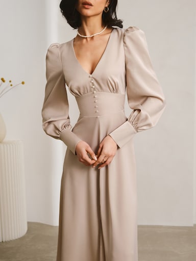 LICHI - Online fashion store :: Gathered puff-sleeve midi dress