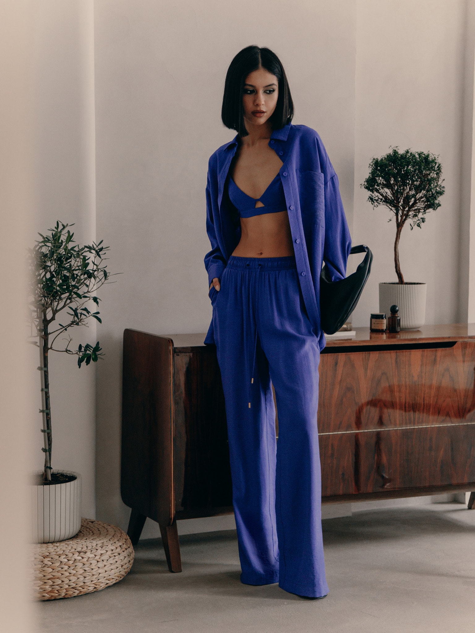 Wideleg cotton pants with waist ties LICHI Online fashion store