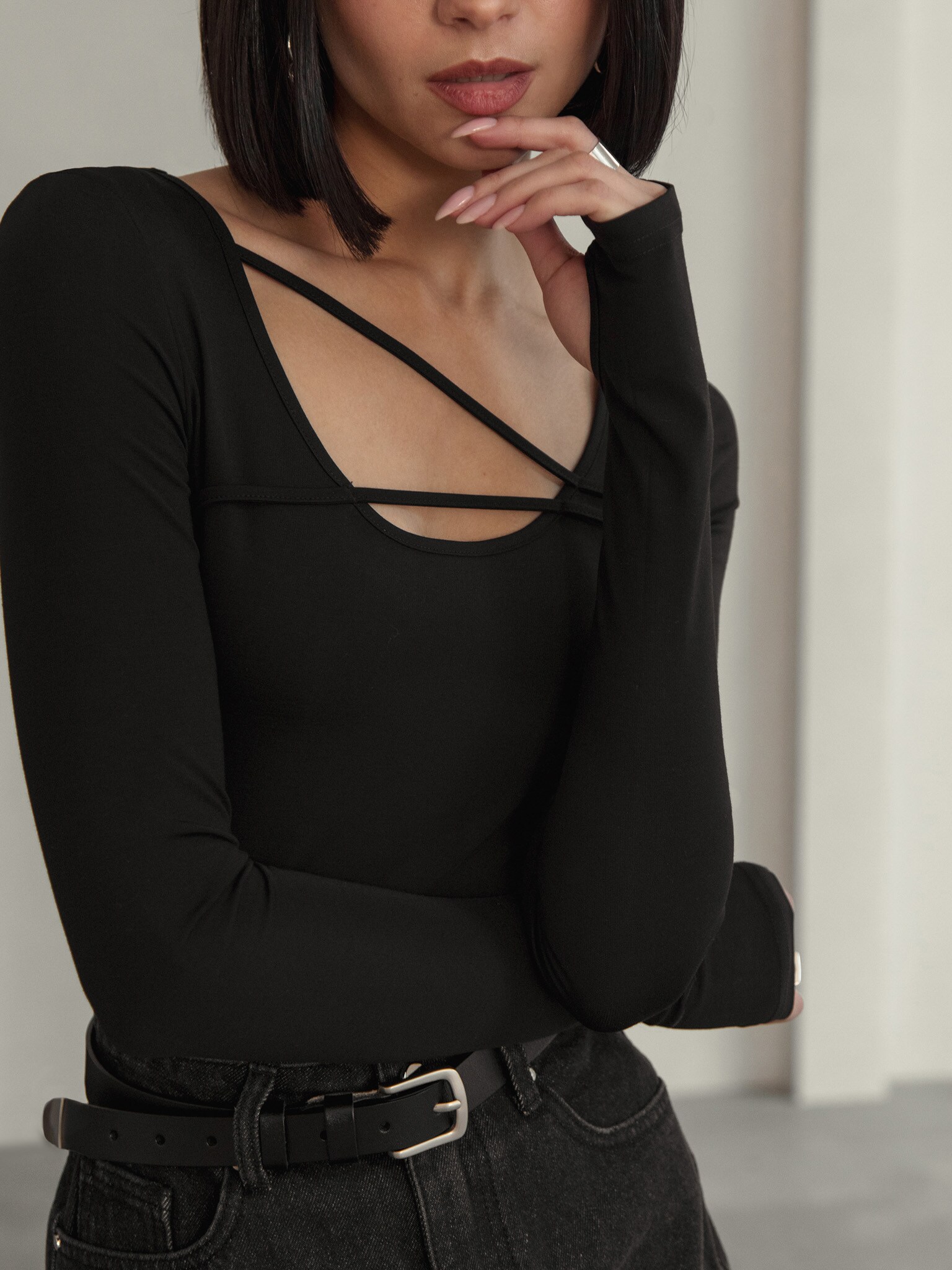 Hollister asymetric cutout long sleeve top in black