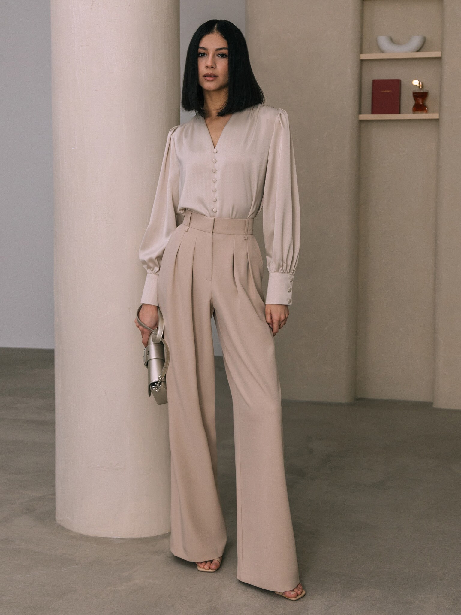 Women High Waist Pleated Palazzo Pants Casual Satin Pleated Wide Leg Long  Trousers Culottes with Pockets