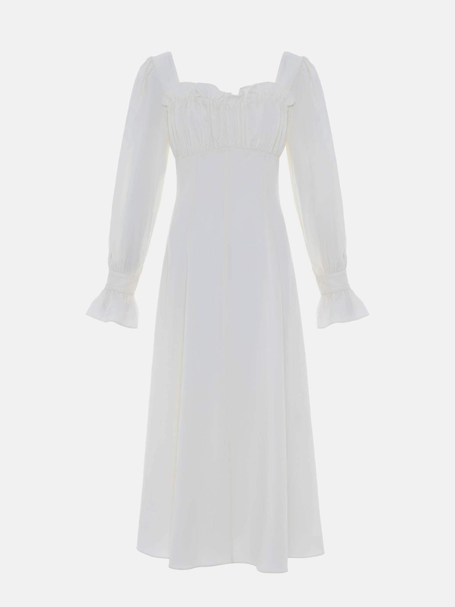 Midi dress with pleated bodice and wide cuffs