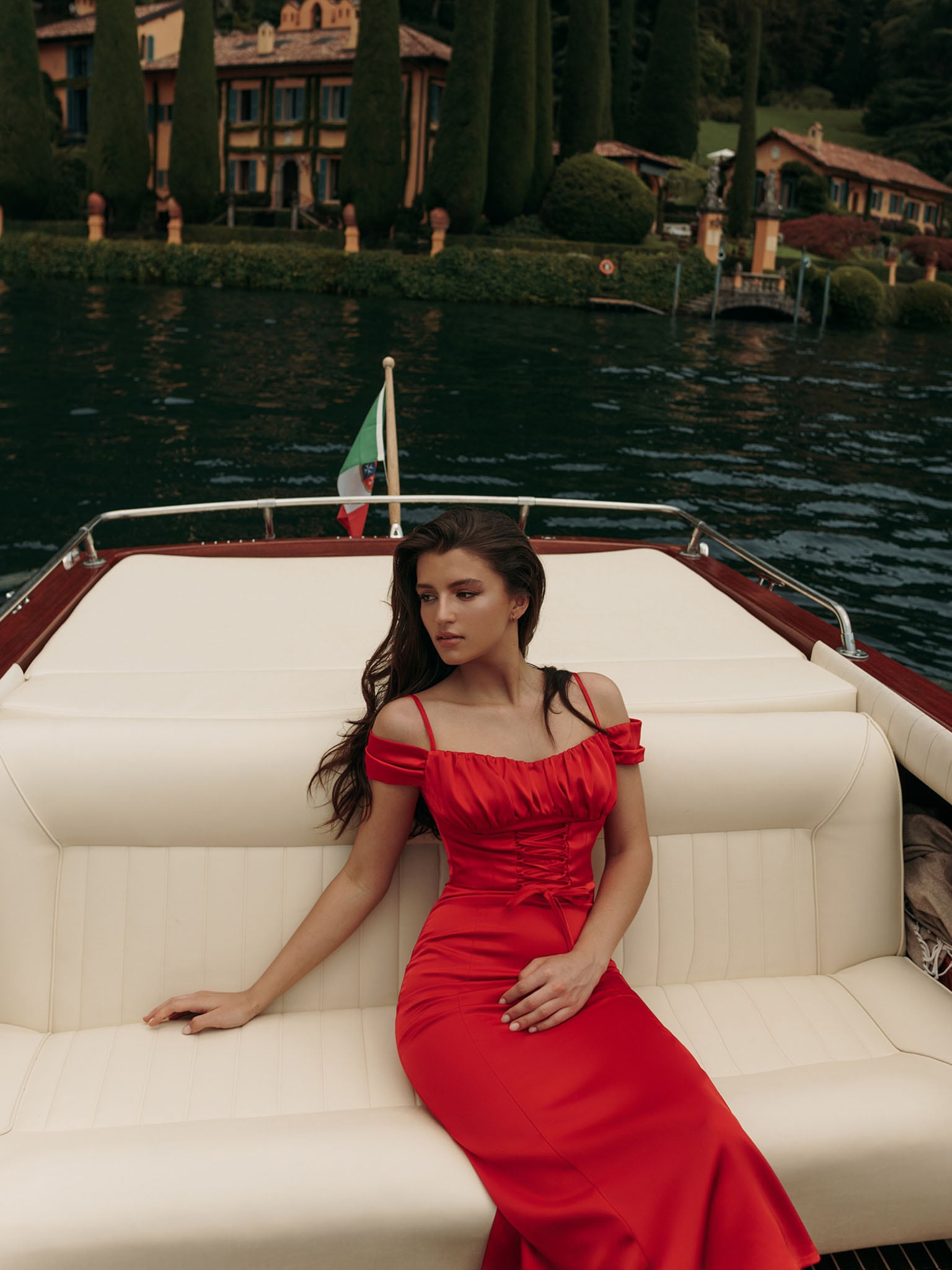 Short-sleeve midi dress with lace-up waist