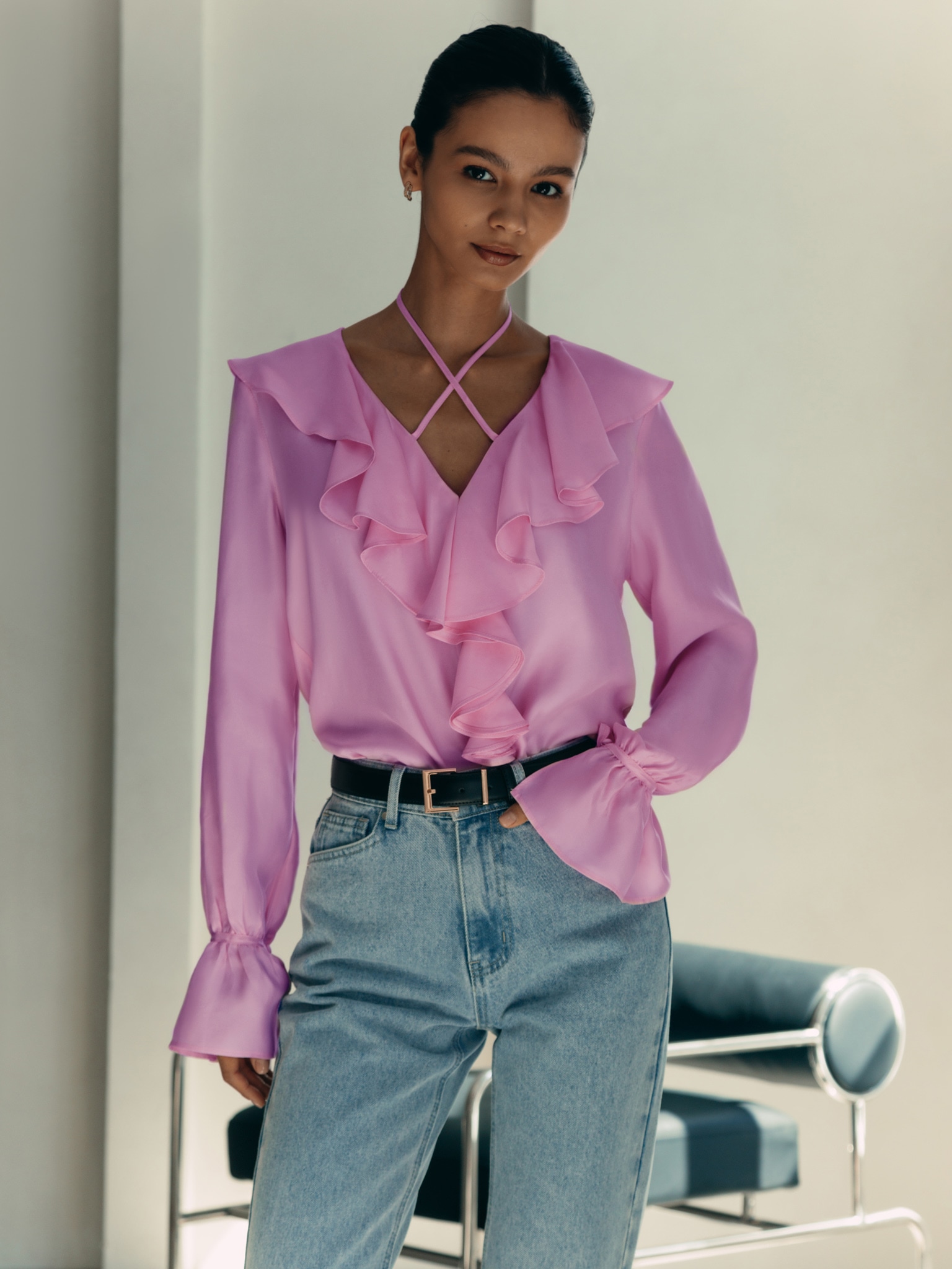 Lightweight blouse with ruffles and tie-up at the collar :: LICHI ...