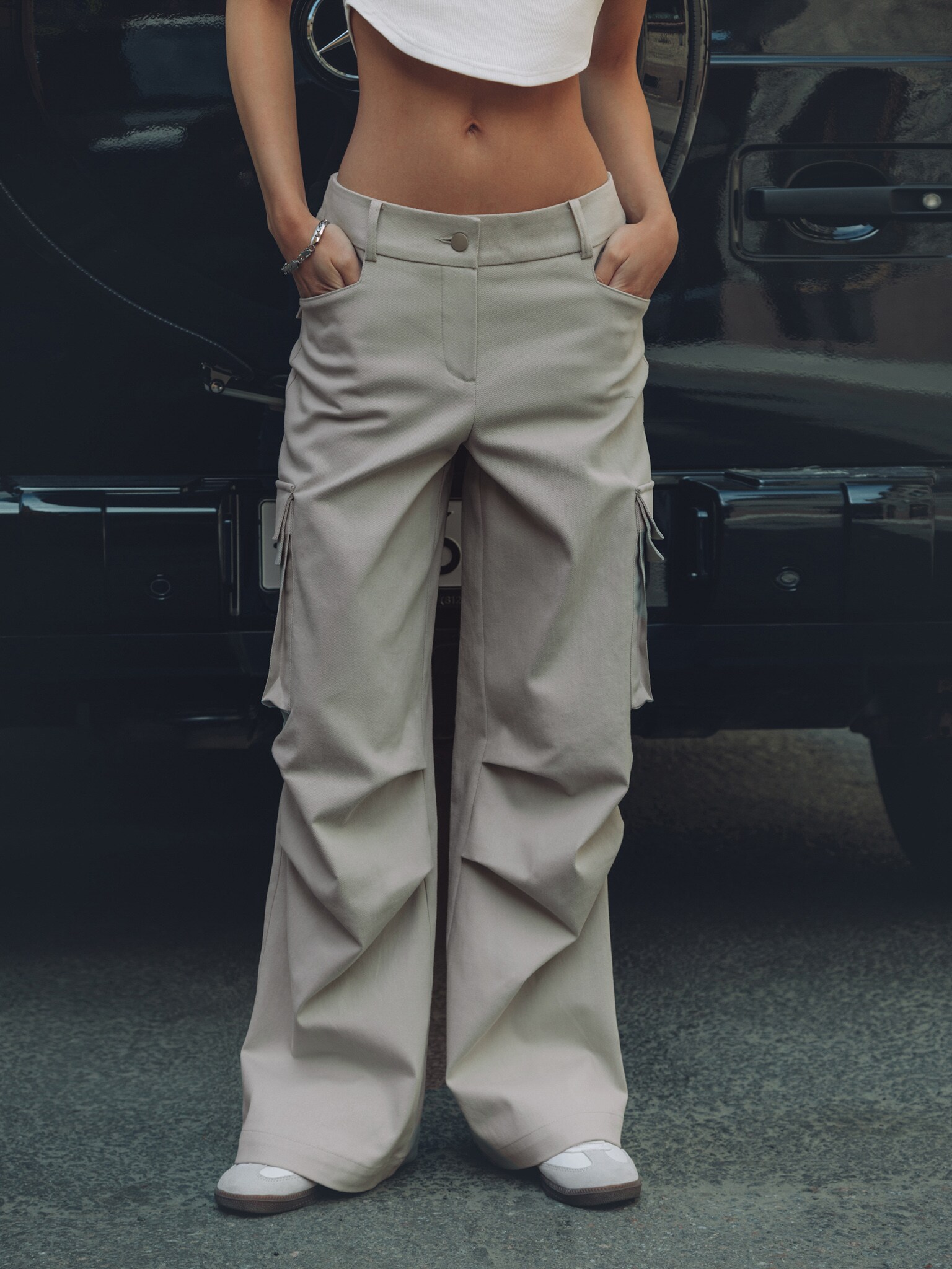 Beige Mid Rise Cargo Pants with Belt Online Shopping