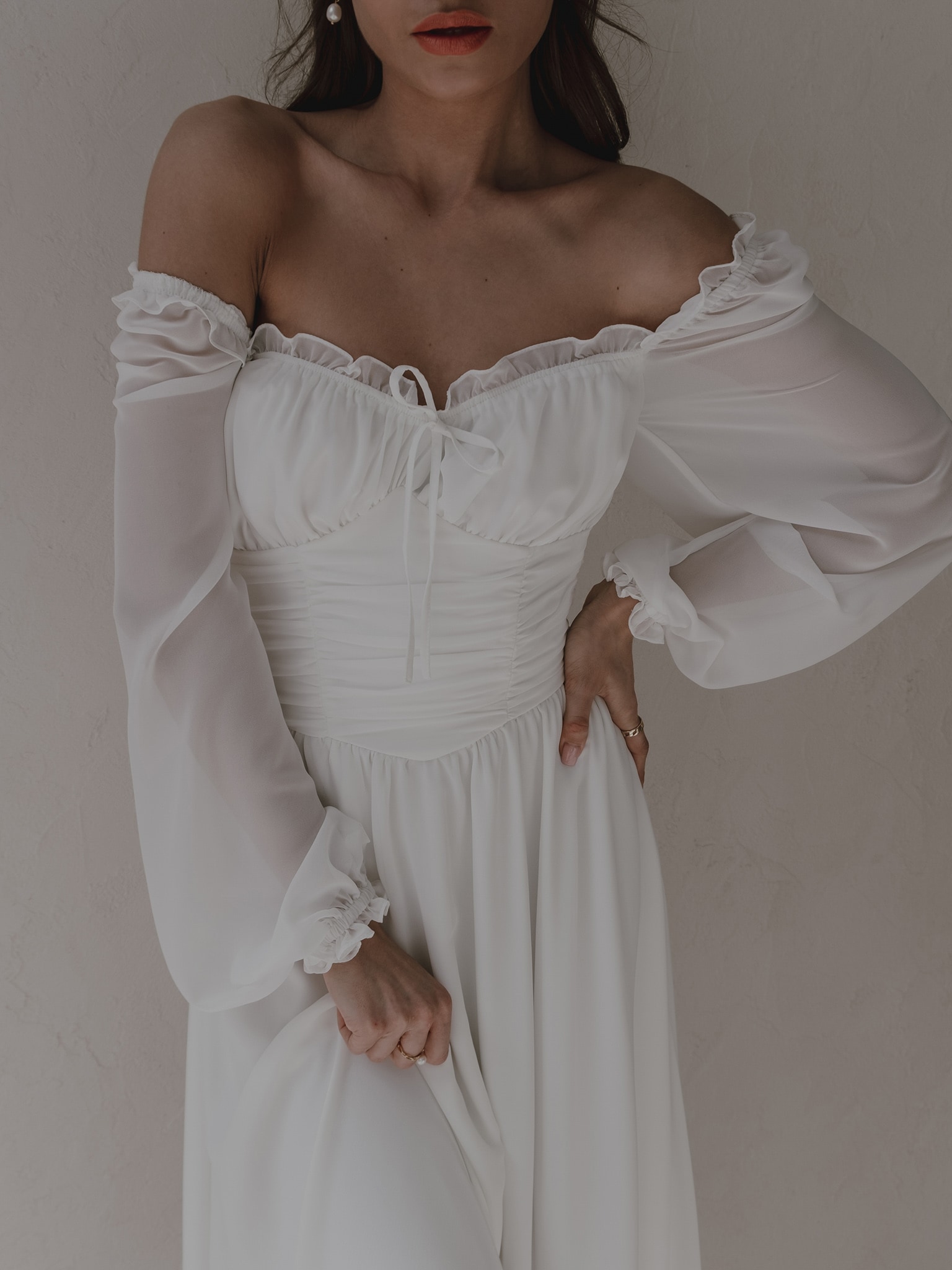 Midi dress with pleated bodice and semi-transparent sleeves