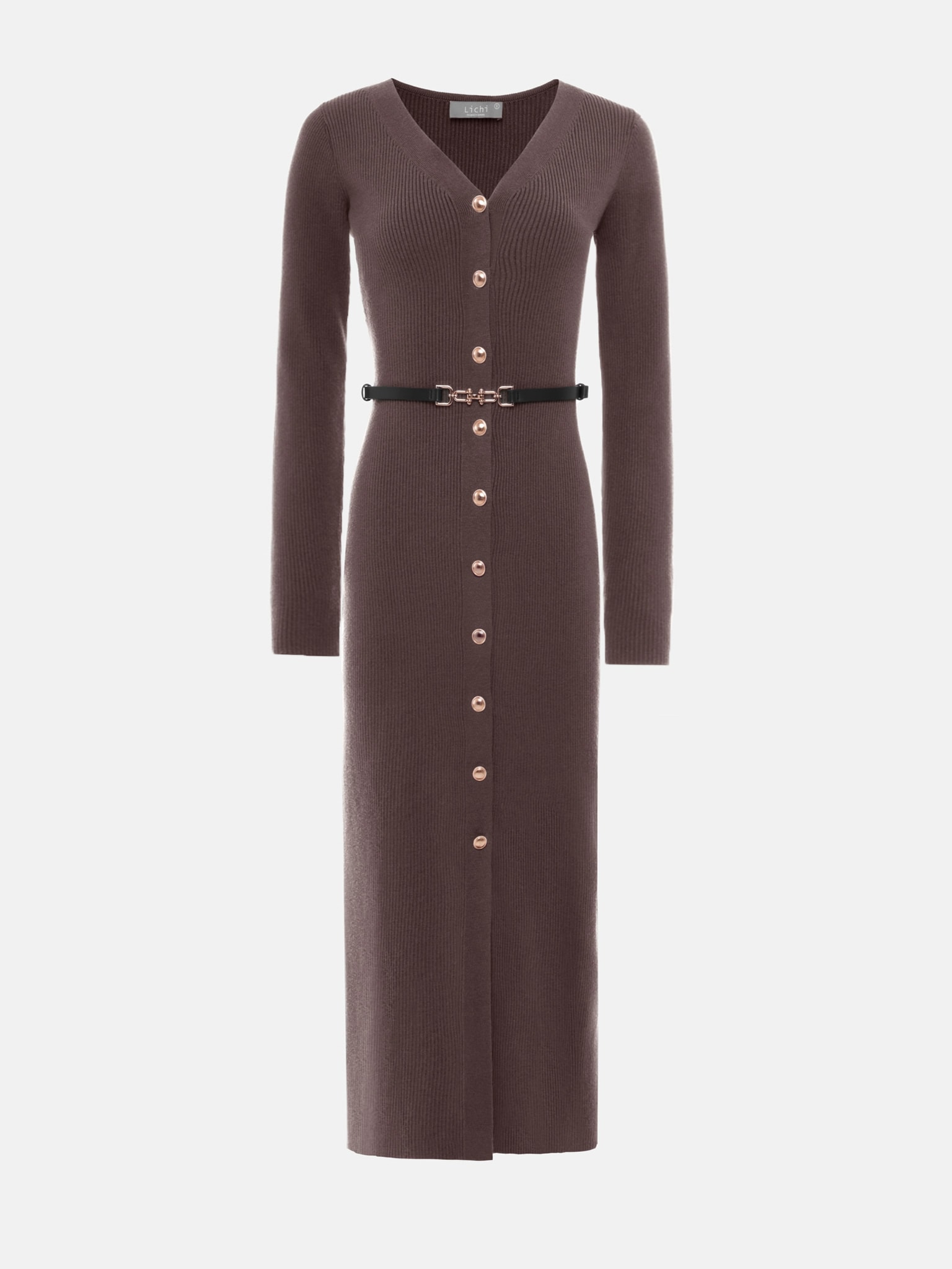 Трикотажное платье миди с ремнем и золотистым декором