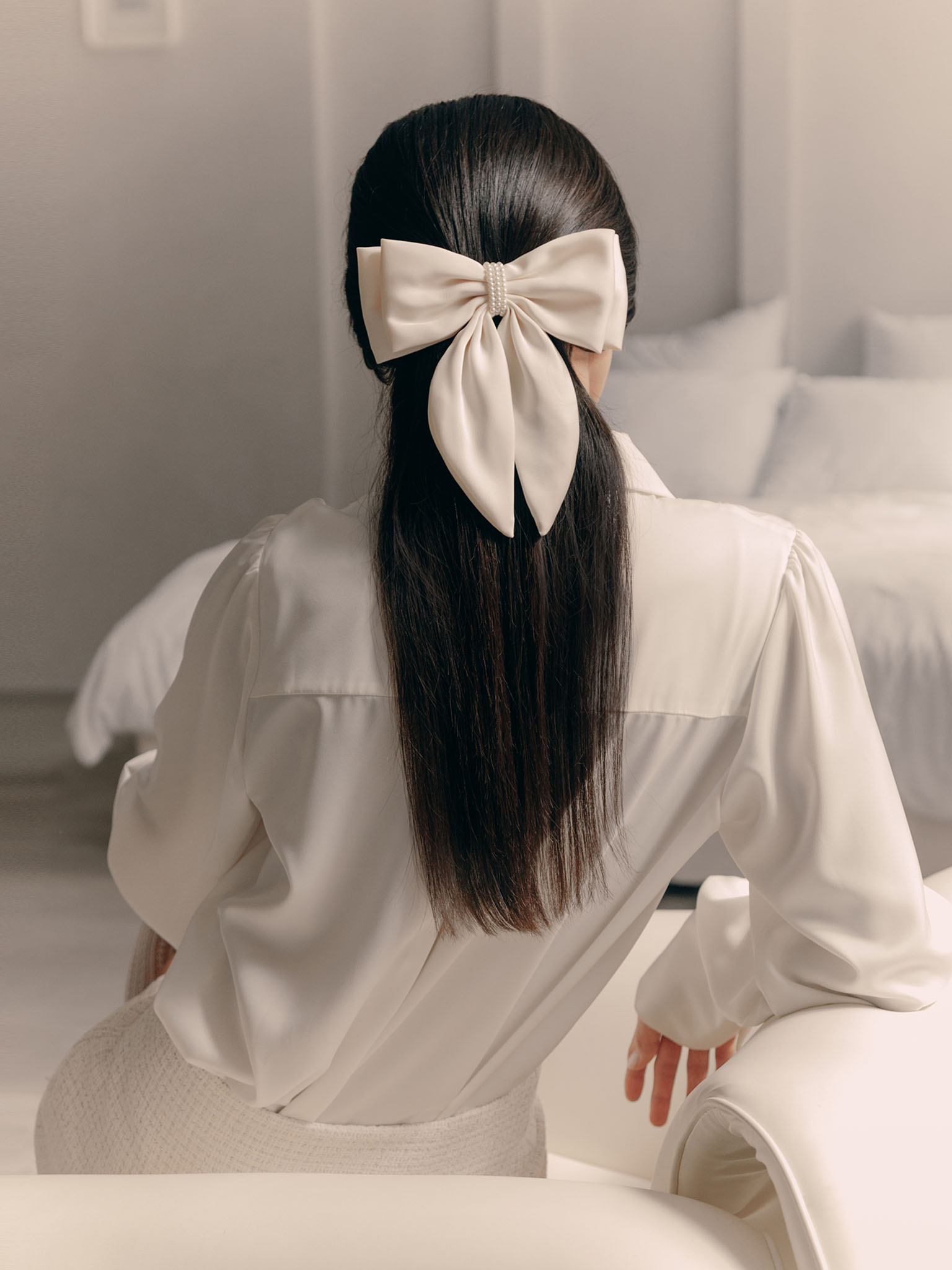 VeryShine Pearl Embellished Satin Hair Bow for Women Cream White