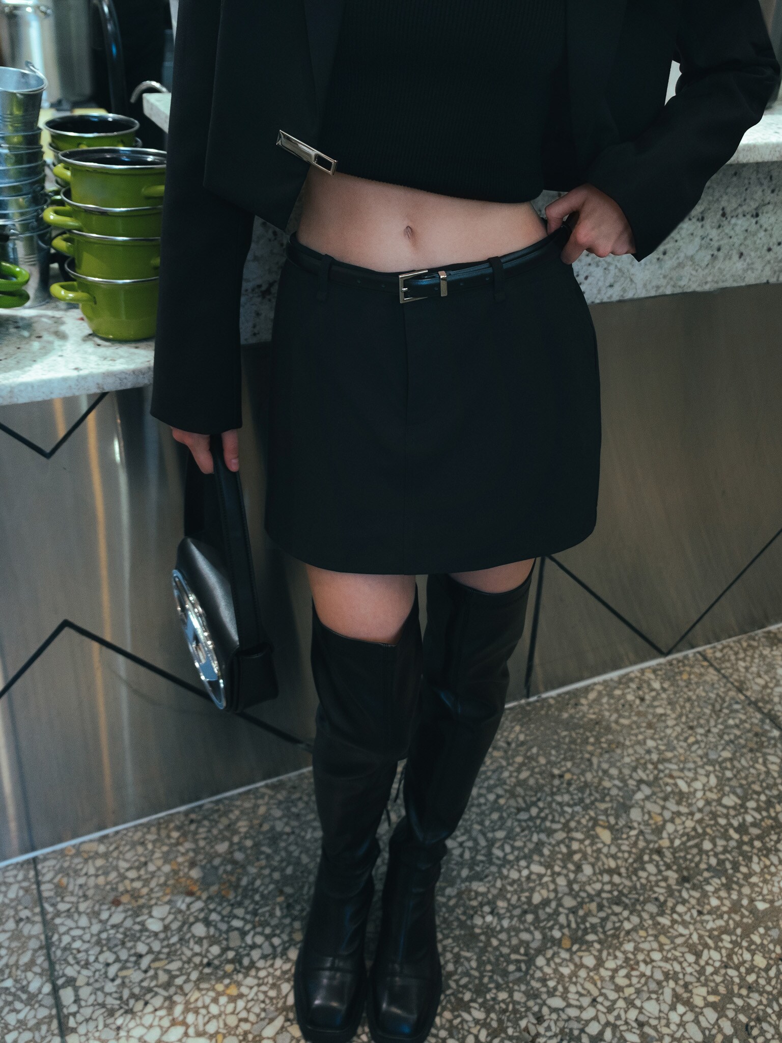 Mini skirt with eco-leather belt