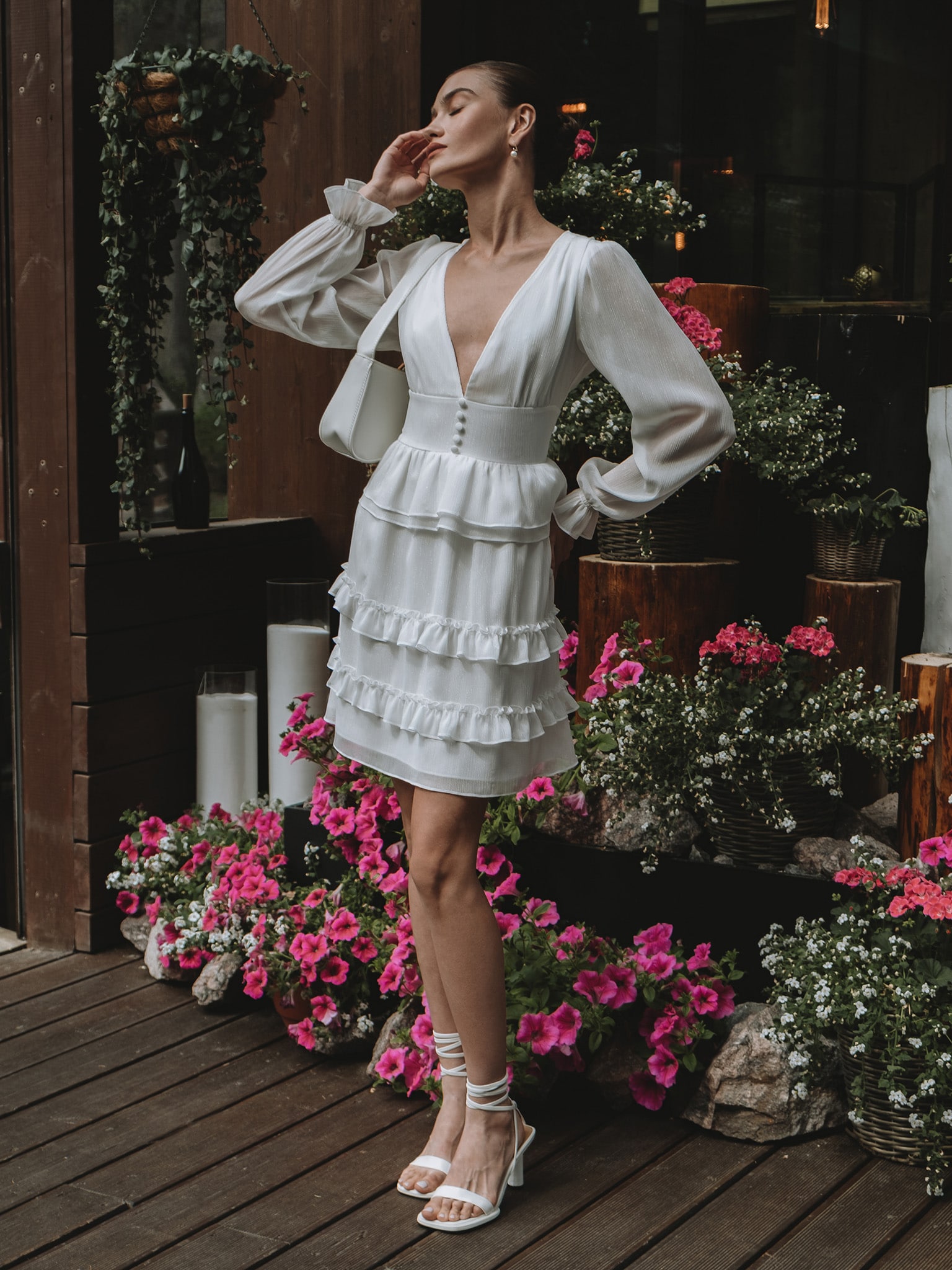 V-neck mini dress with decorative buttons