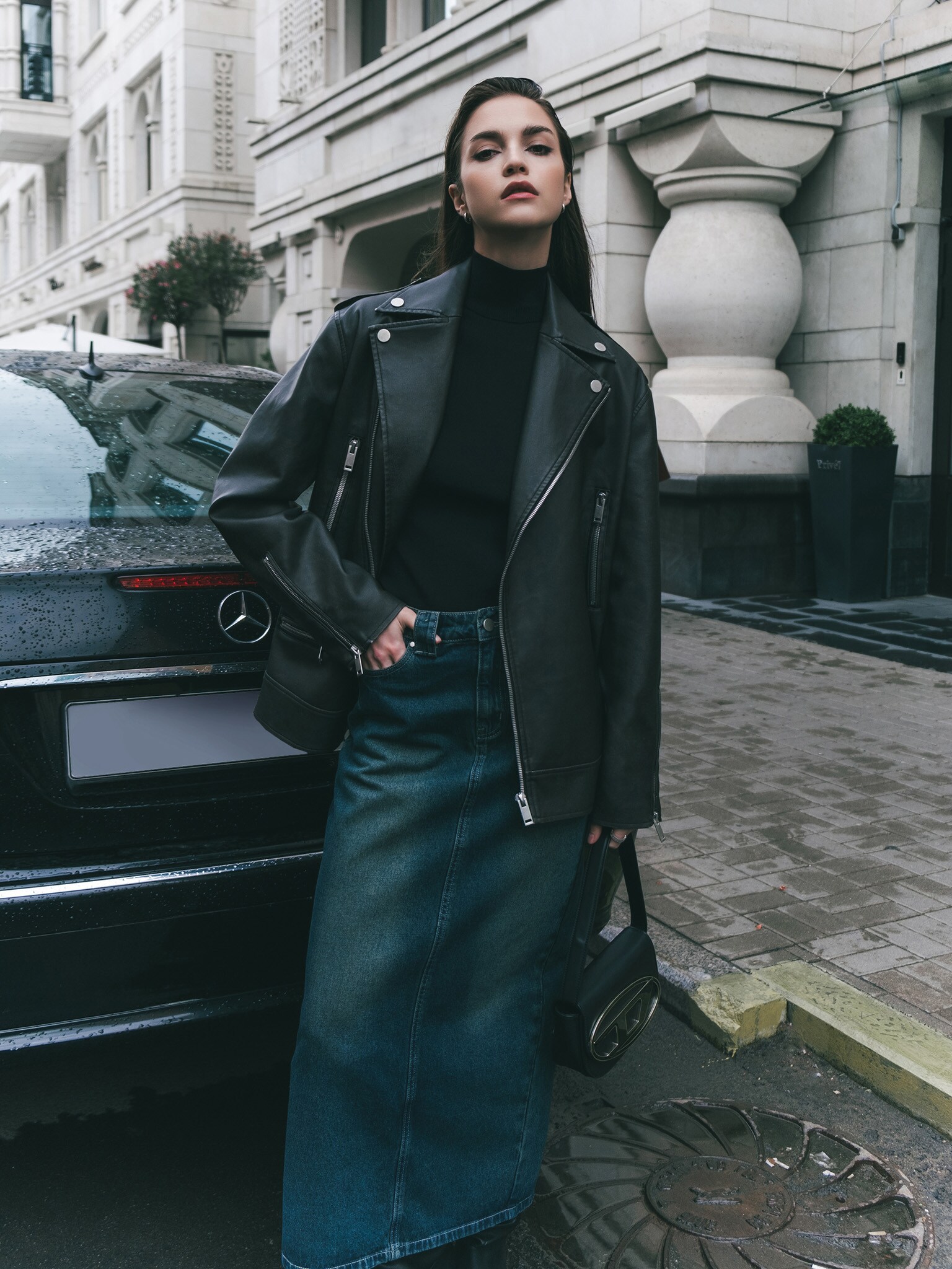 Oversized vegan-leather biker jacket