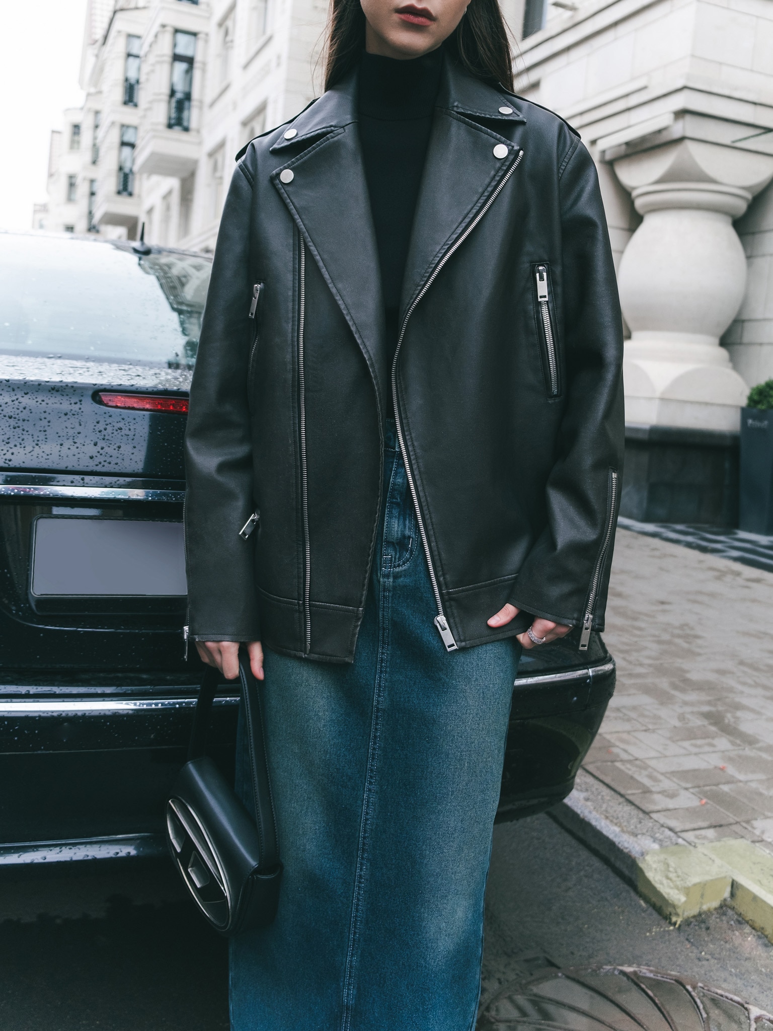 Oversized vegan-leather biker jacket