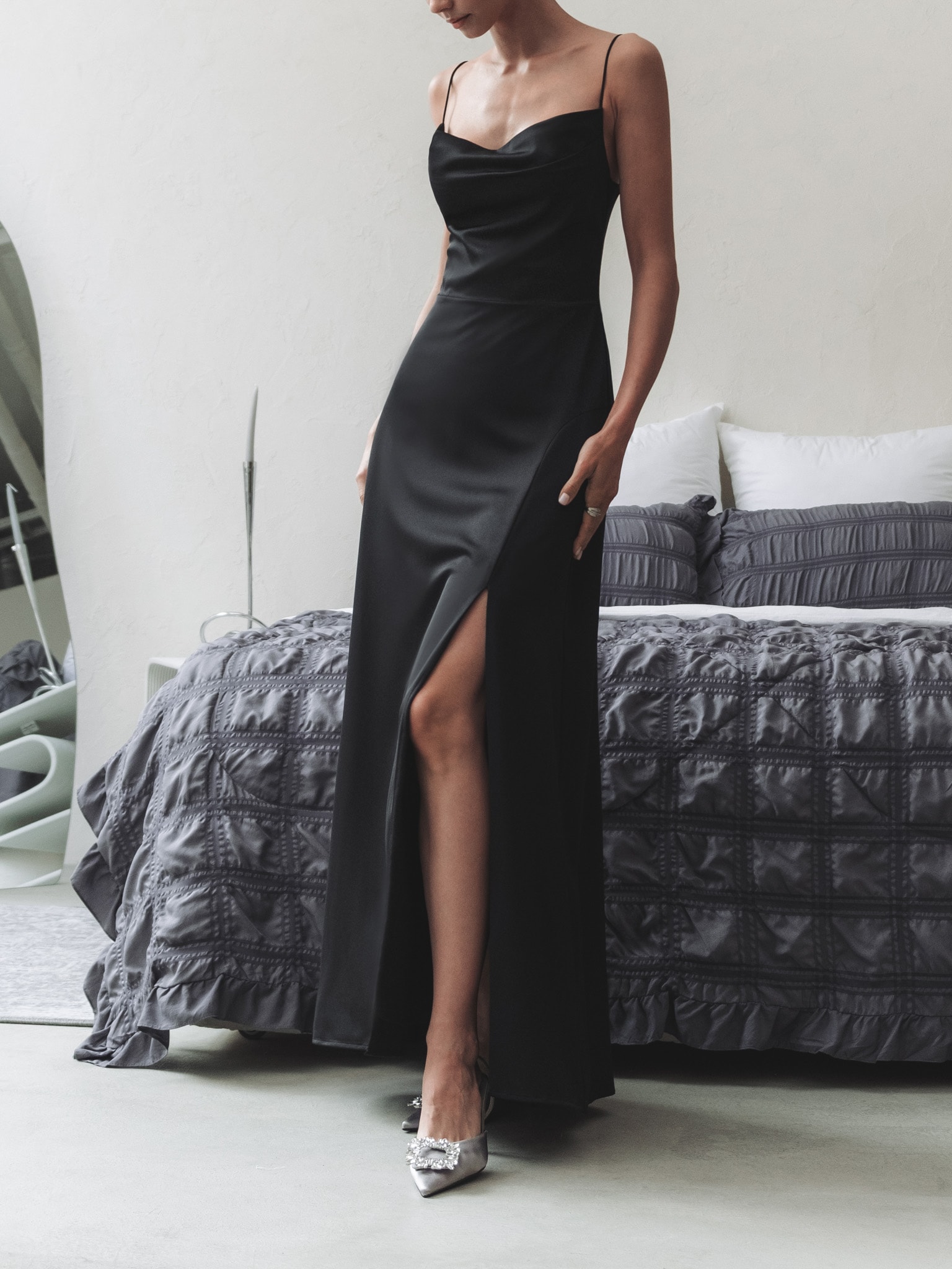 Black Satin Cowl Neck Lace Up Back Maxi Dress