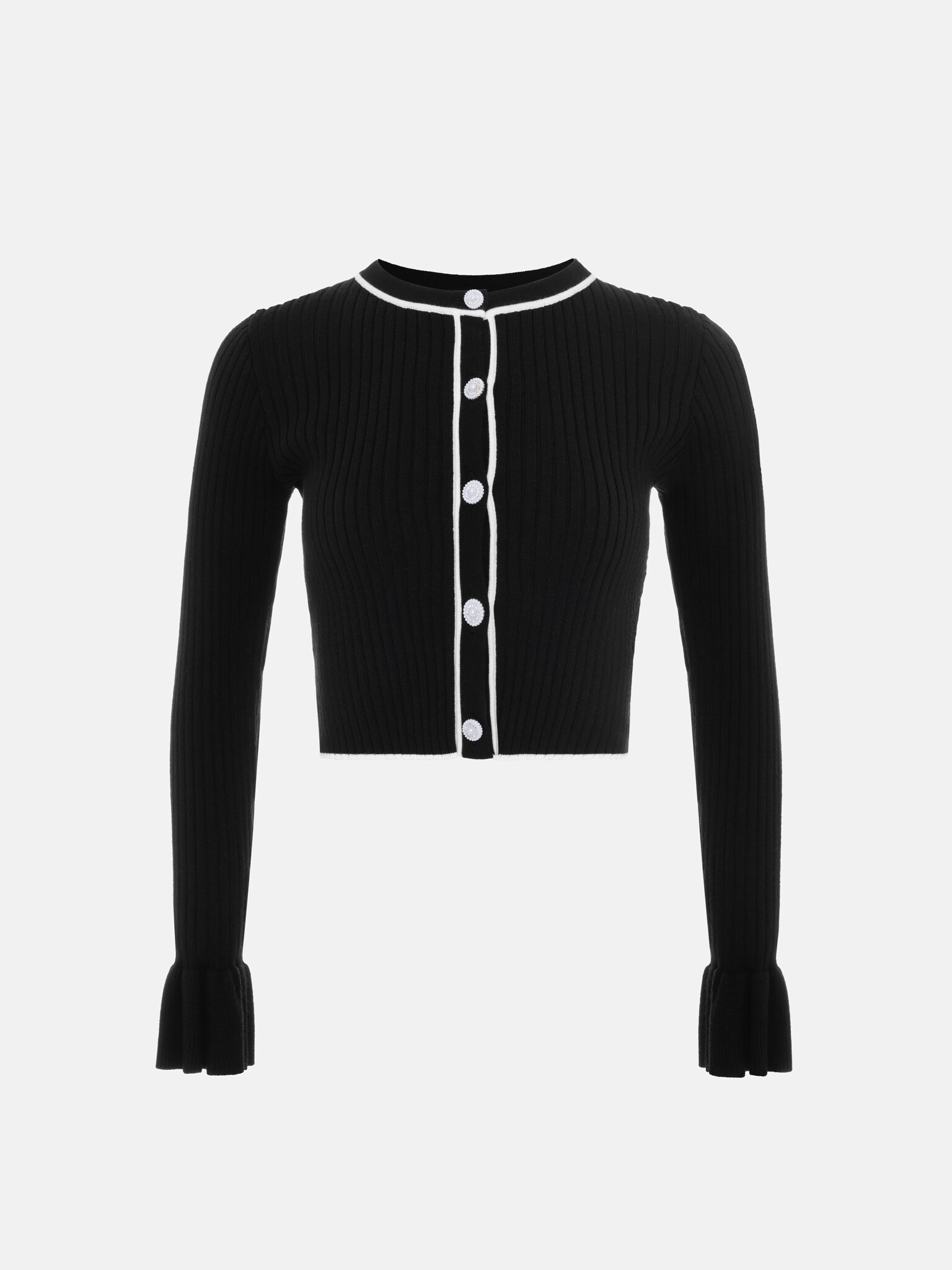 Strickjacke aus Rippstrick mit Volants am Ärmel