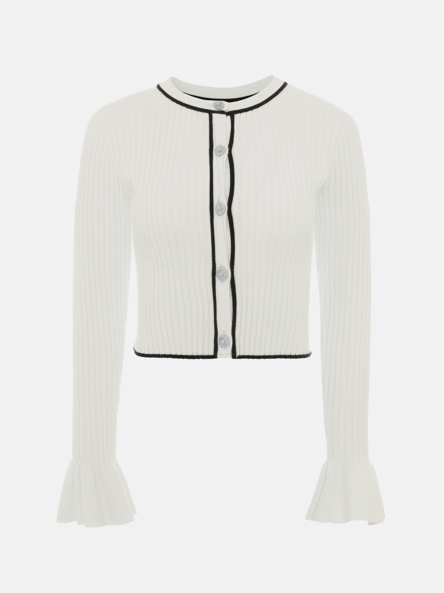 Strickjacke aus Rippstrick mit Volants am Ärmel