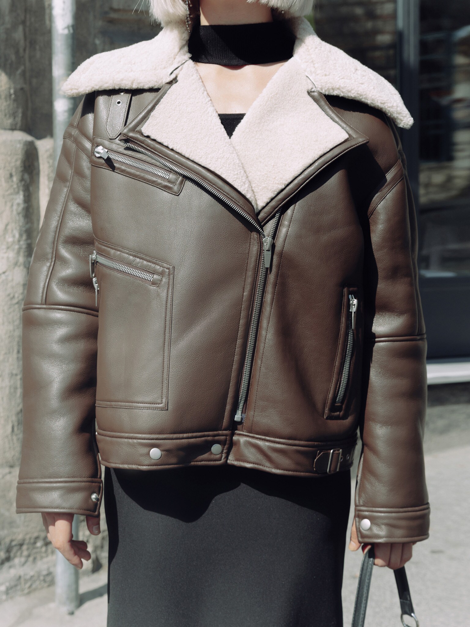 Oversize zip-up aviator jacket with eco-fur