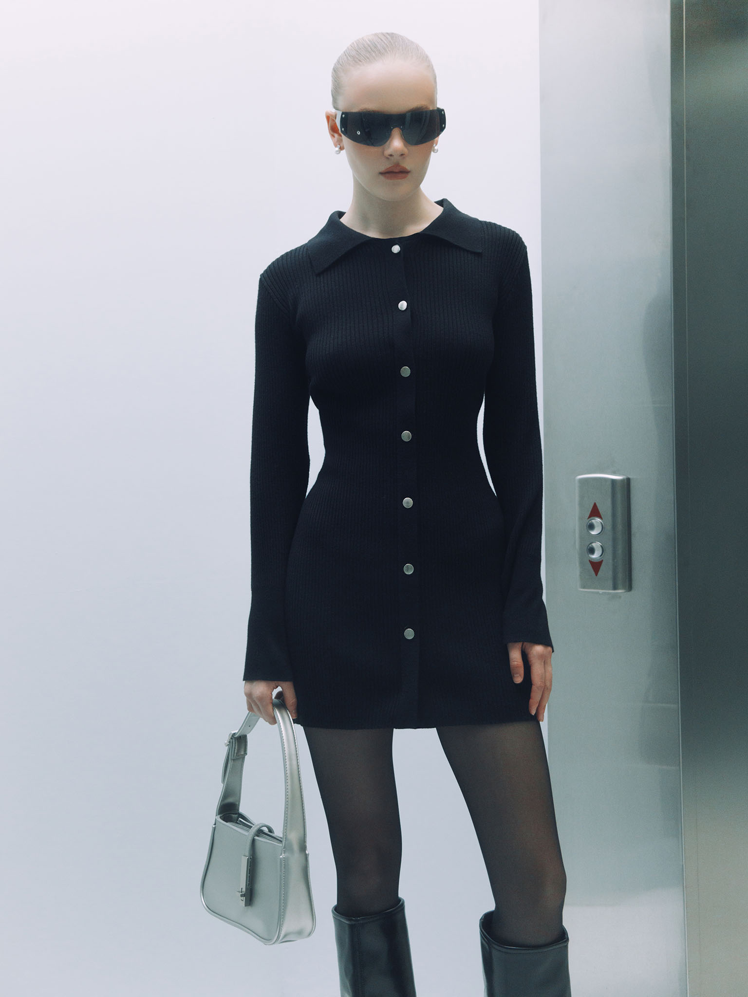 Mini dress in rib-knit jersey with button fastening