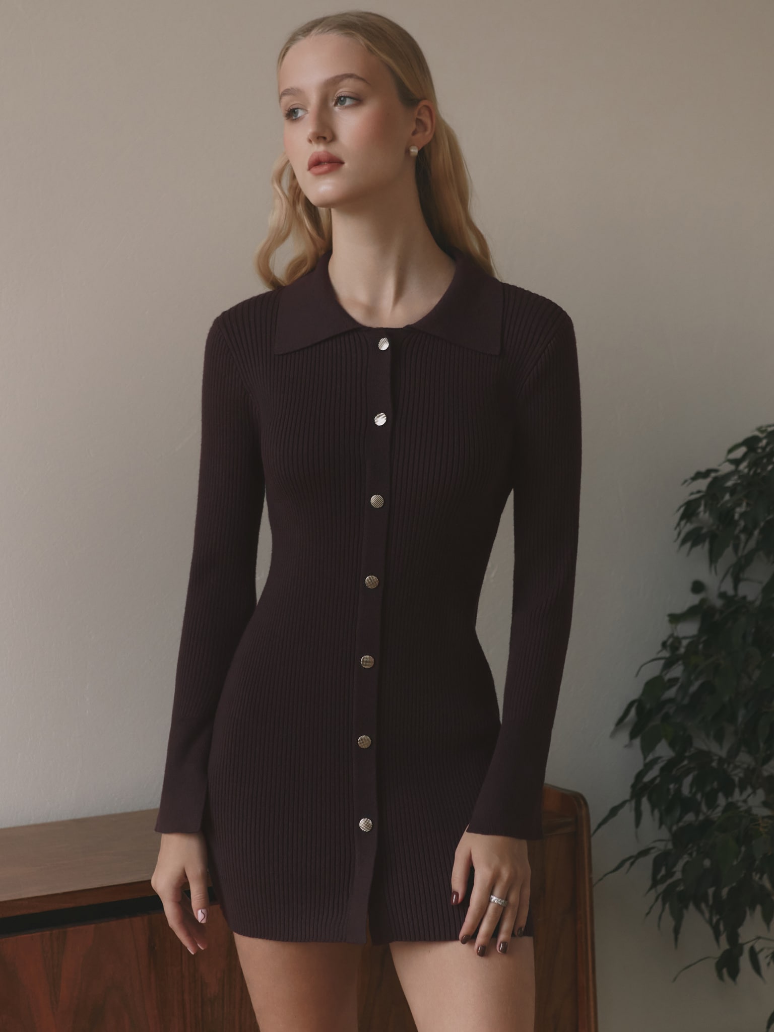 Mini dress in rib-knit jersey with button fastening