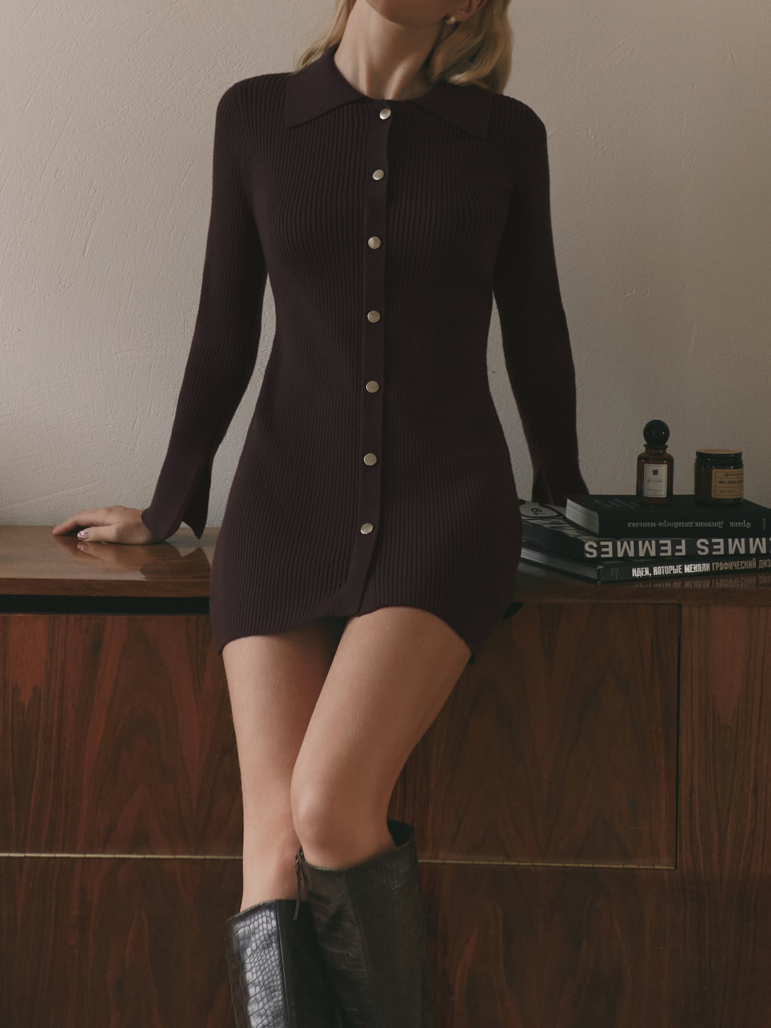 Mini dress in rib-knit jersey with button fastening