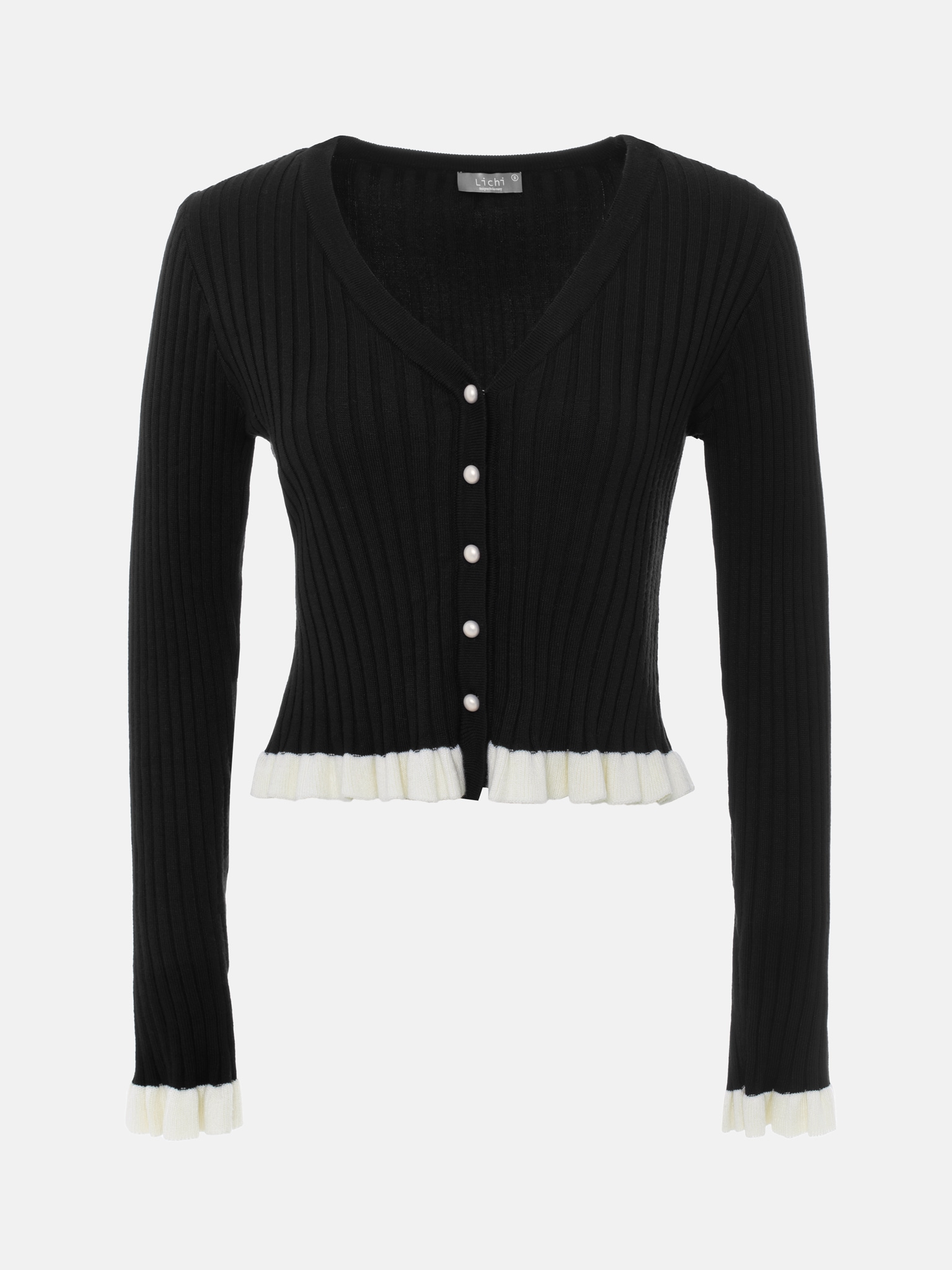 Rib-knit cardigan with contrasting ruffles