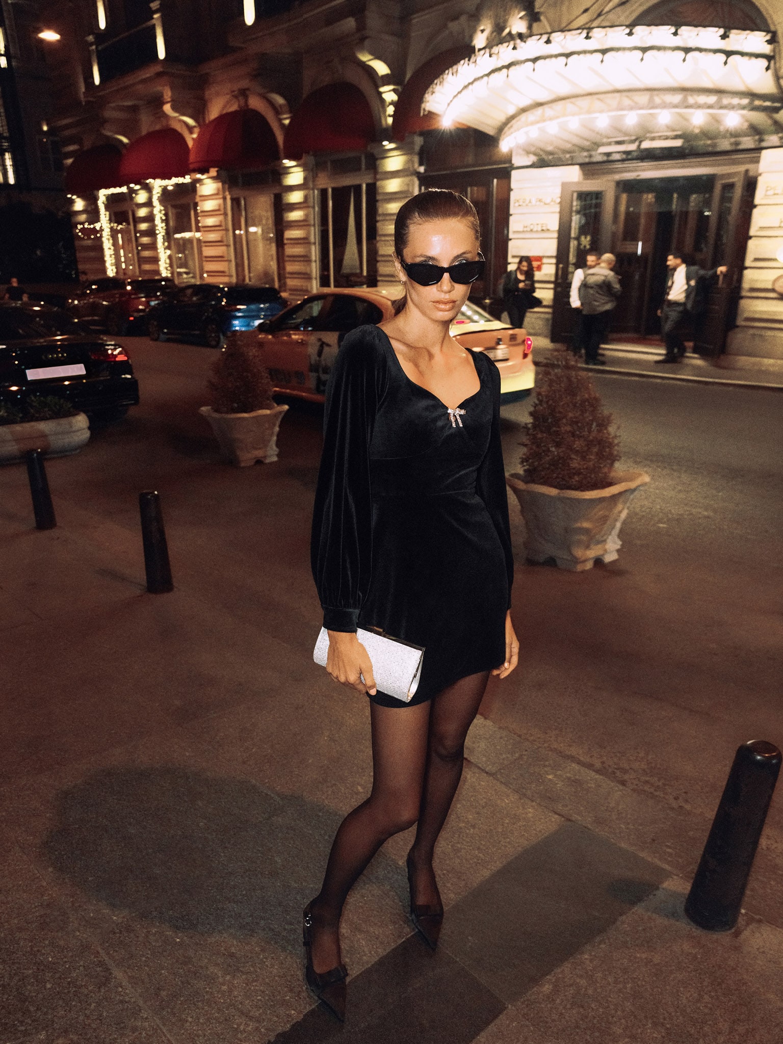 Velvet mini dress with rhinestone bow