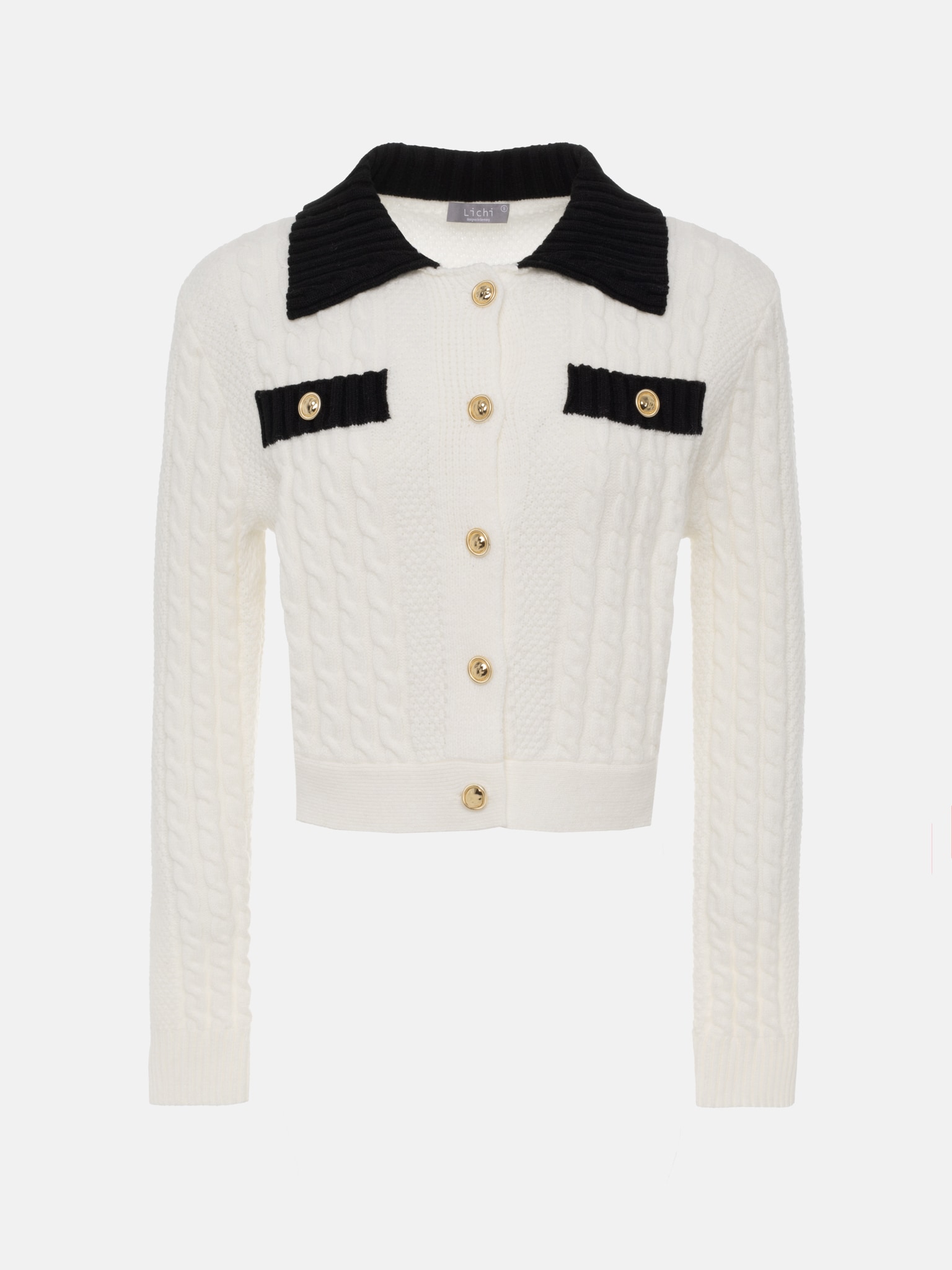 Cable knit cardigan with contrasting details :: LICHI - Online fashion ...