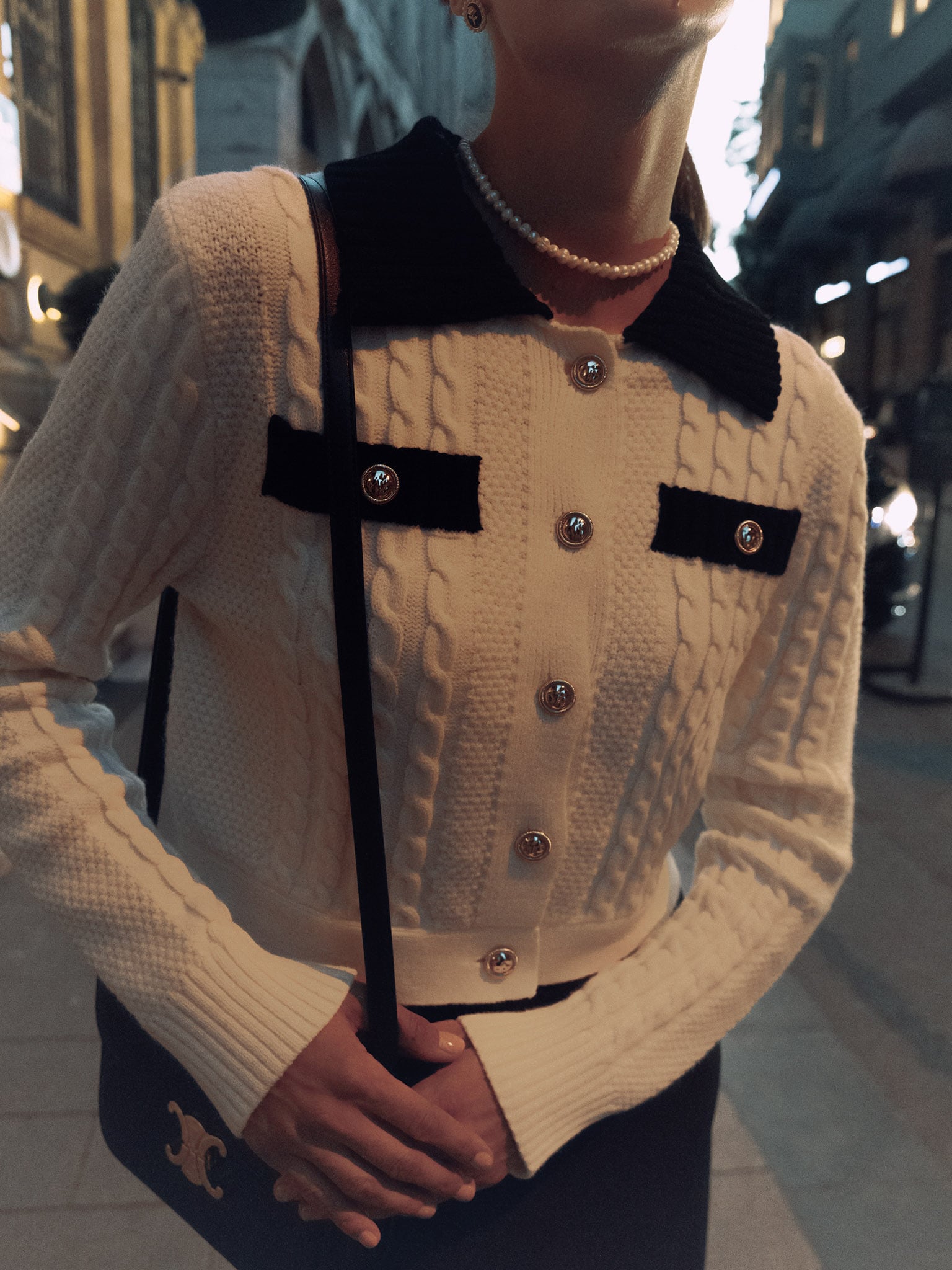 Cable knit cardigan with contrasting details