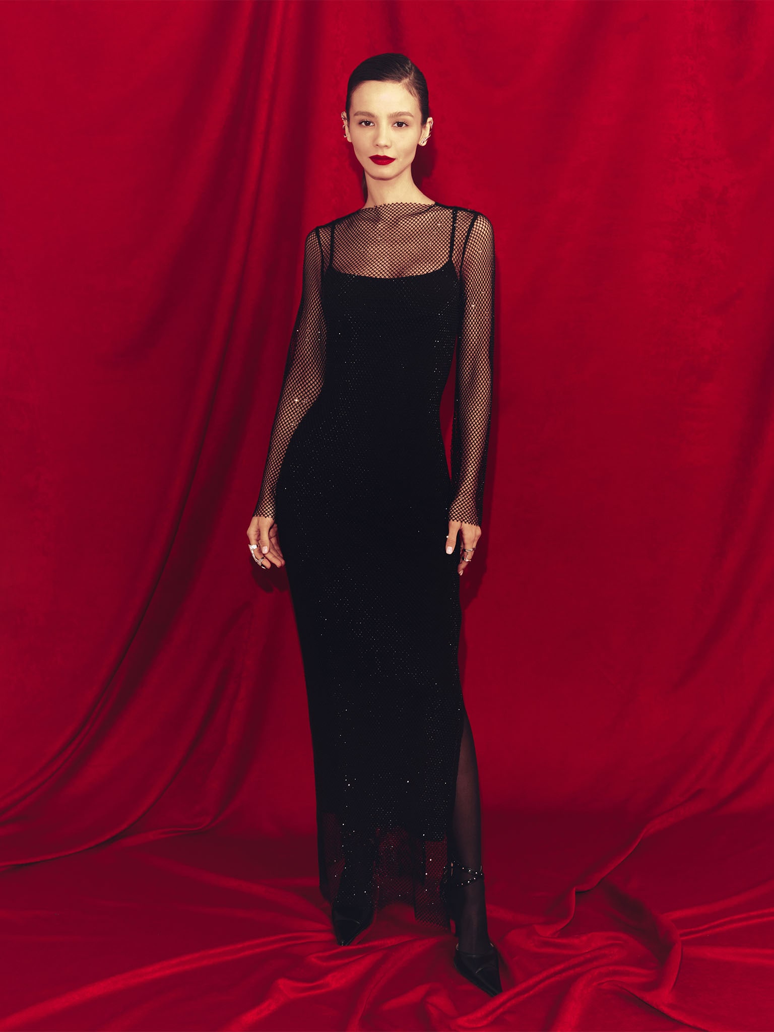 Mesh maxi dress with monochrome lining