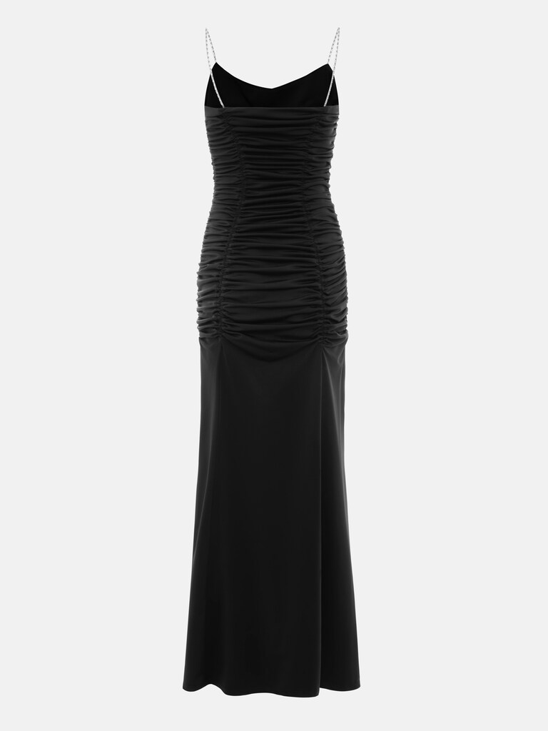 Платье макси с вертикальными сборками и бретелями из страз