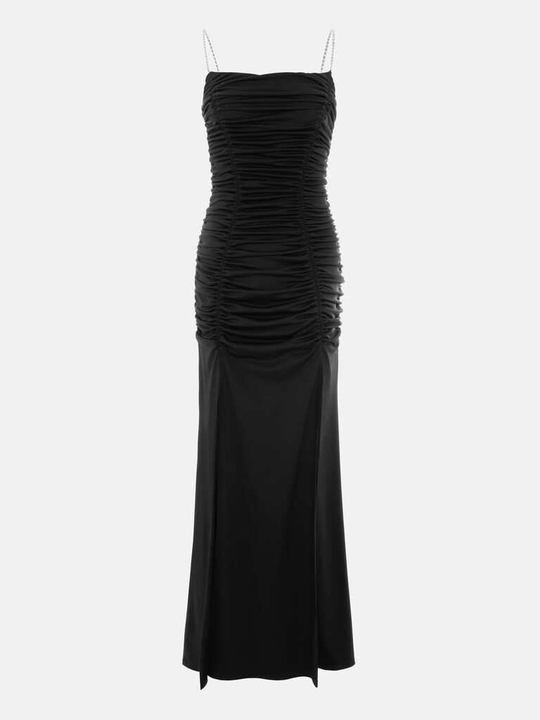 Платье макси с вертикальными сборками и бретелями из страз