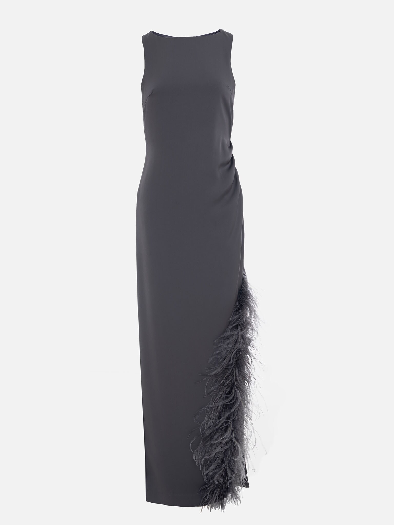 Maxi combination dress with feathers on the skirt