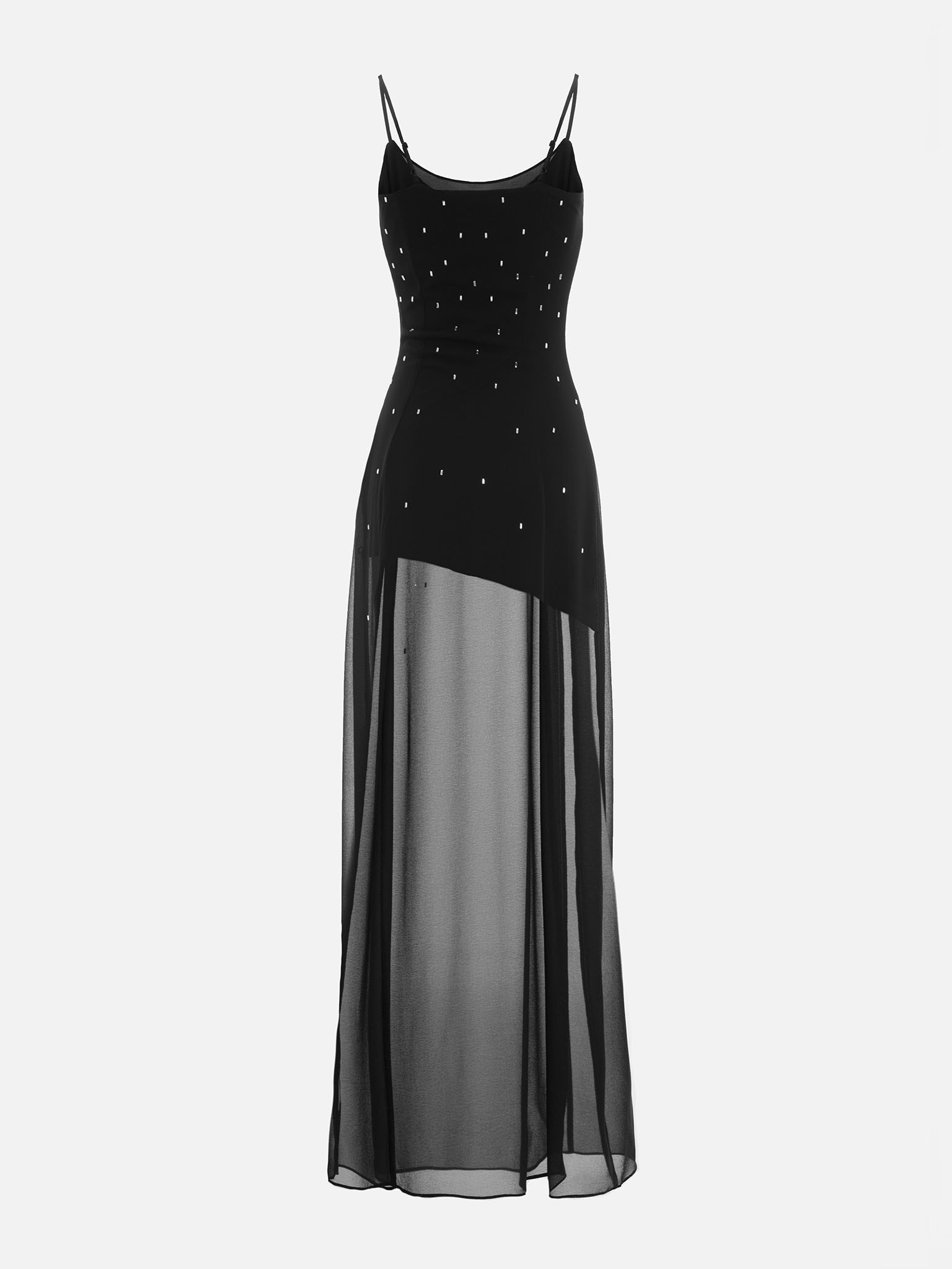 Semi-translucent maxi dress with large rhinestones