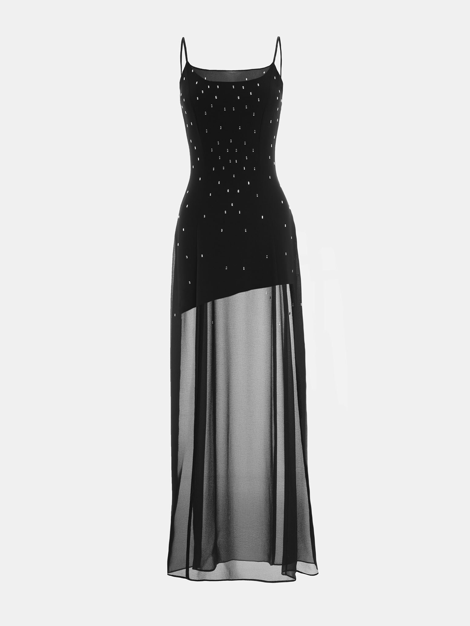 Semi-translucent maxi dress with large rhinestones