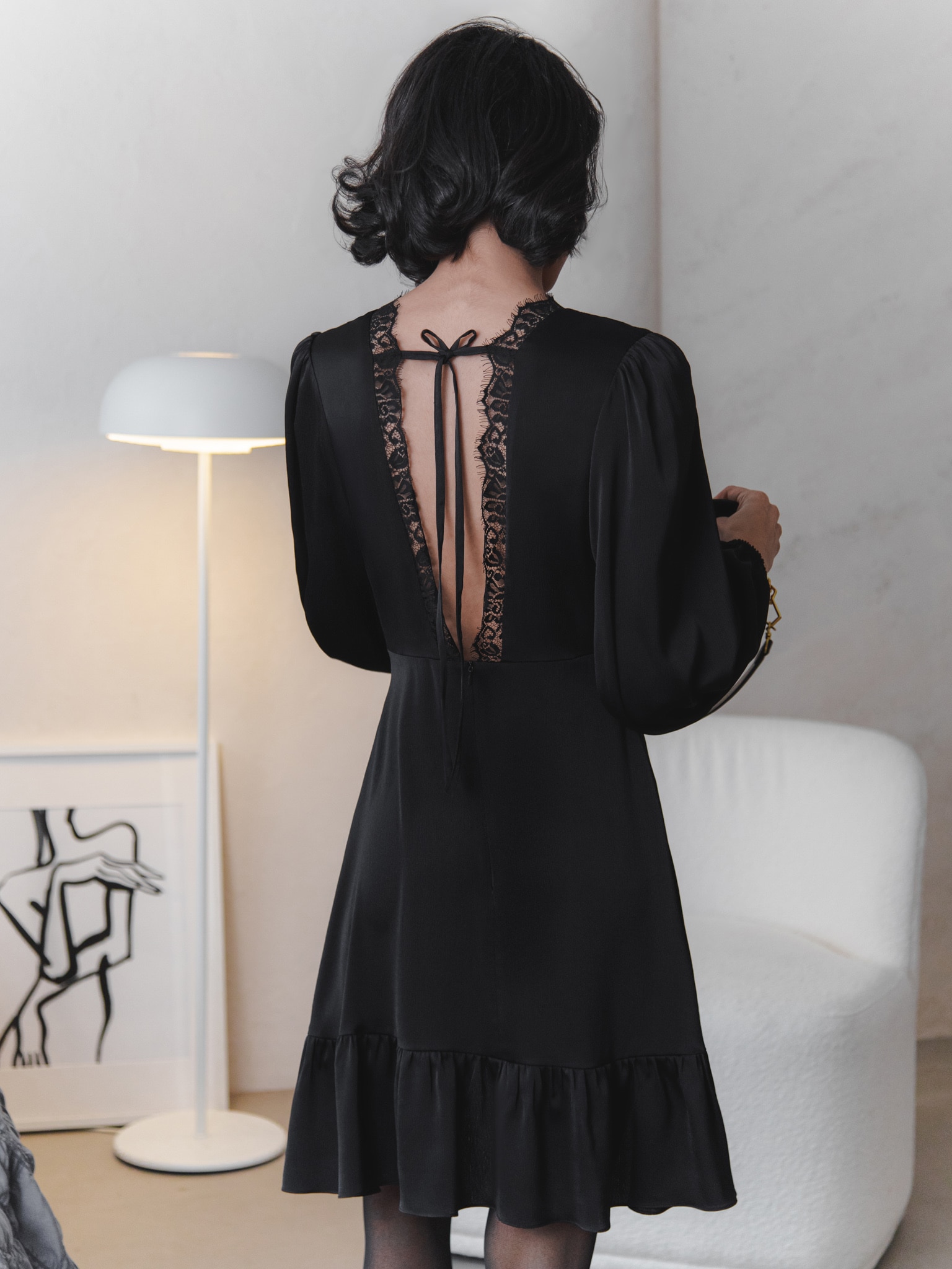 Mini dress with lace inserts and back ties :: LICHI - Online fashion store