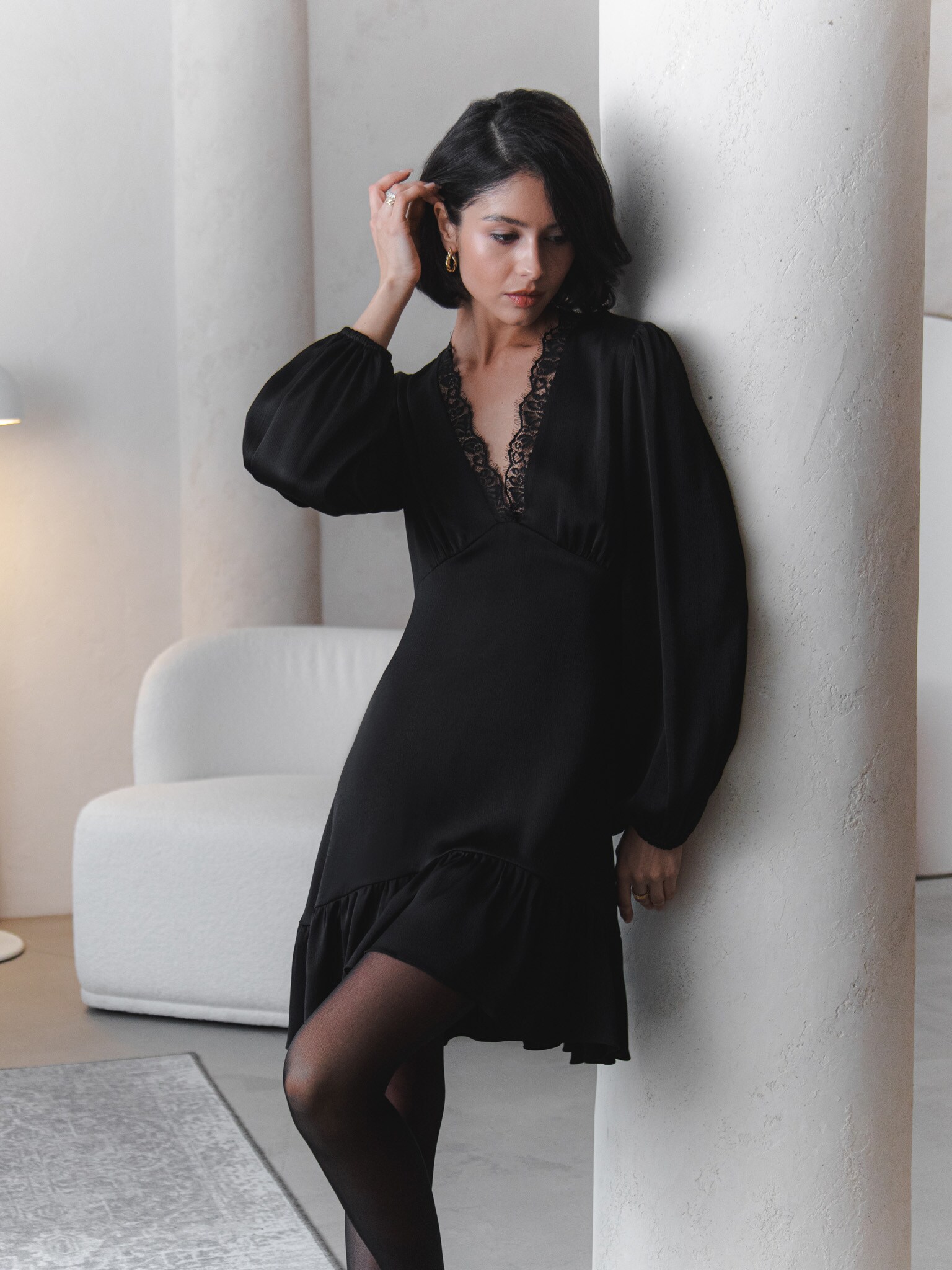 Mini dress with lace inserts and back ties :: LICHI - Online fashion store