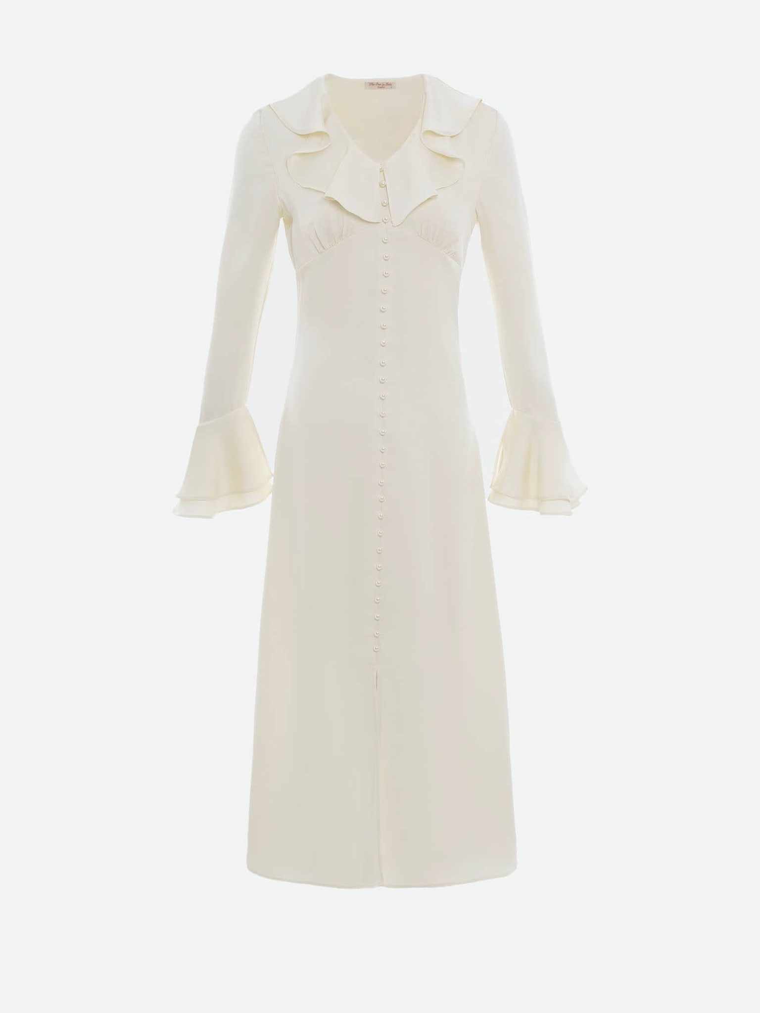 Satin midi dress with flounced collar and pearl buttons