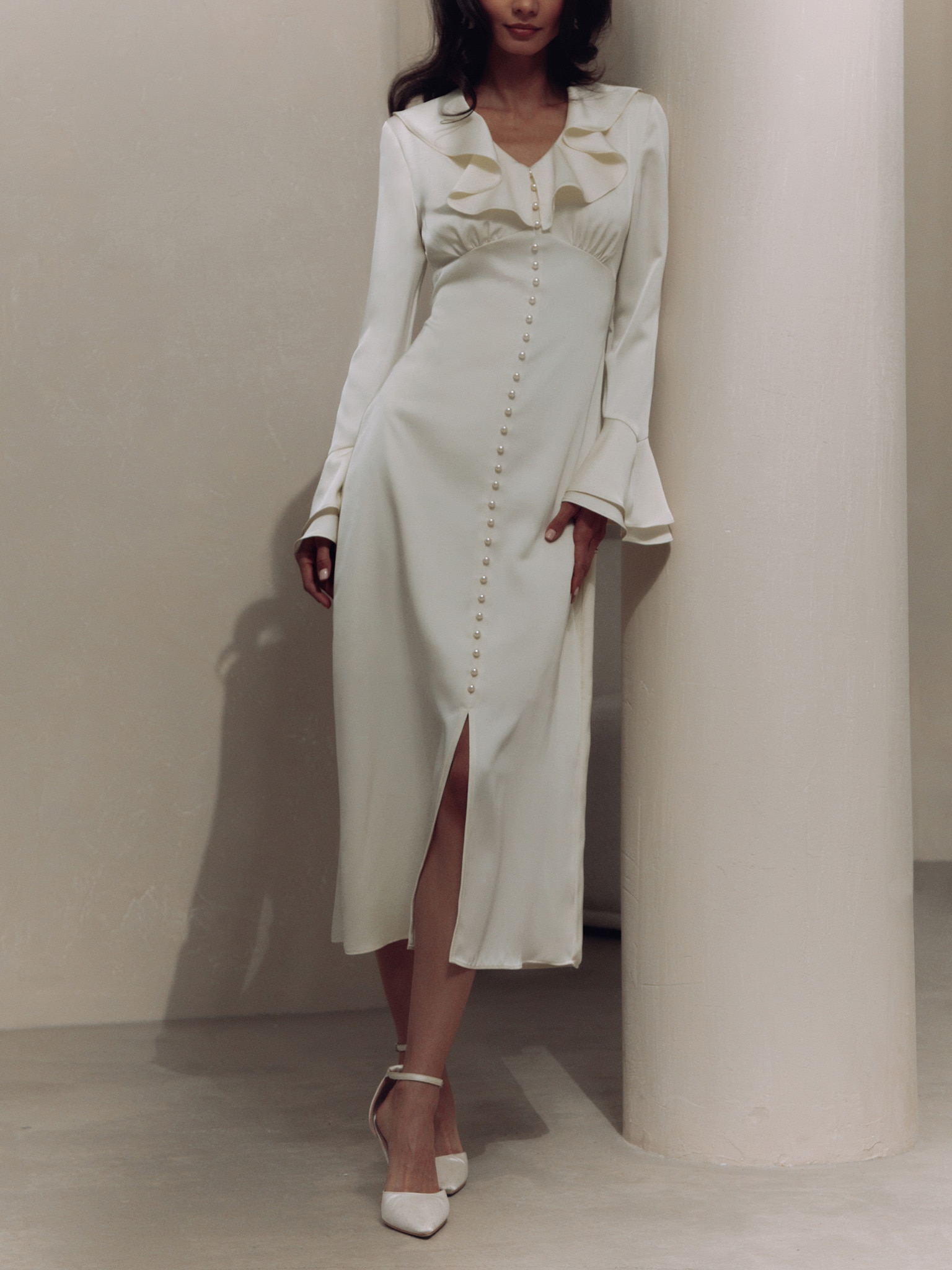 Satin midi dress with flounced collar and pearl buttons