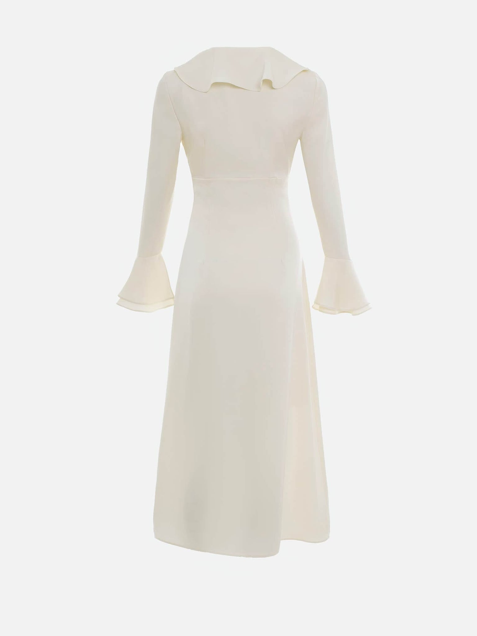 Satin midi dress with flounced collar and pearl buttons