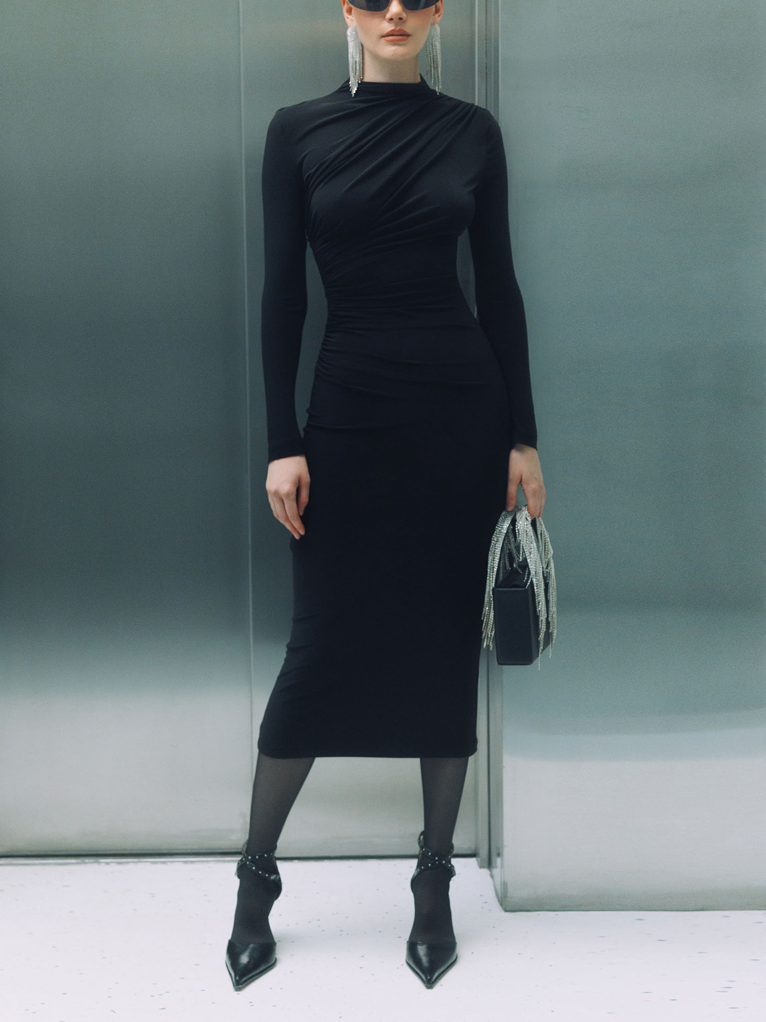 Jersey midi dress with asymmetric draperie :: LICHI - Online fashion store