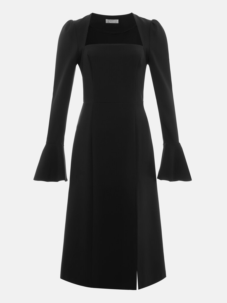 Midi dress with geometric neckline and voluminous sleeves