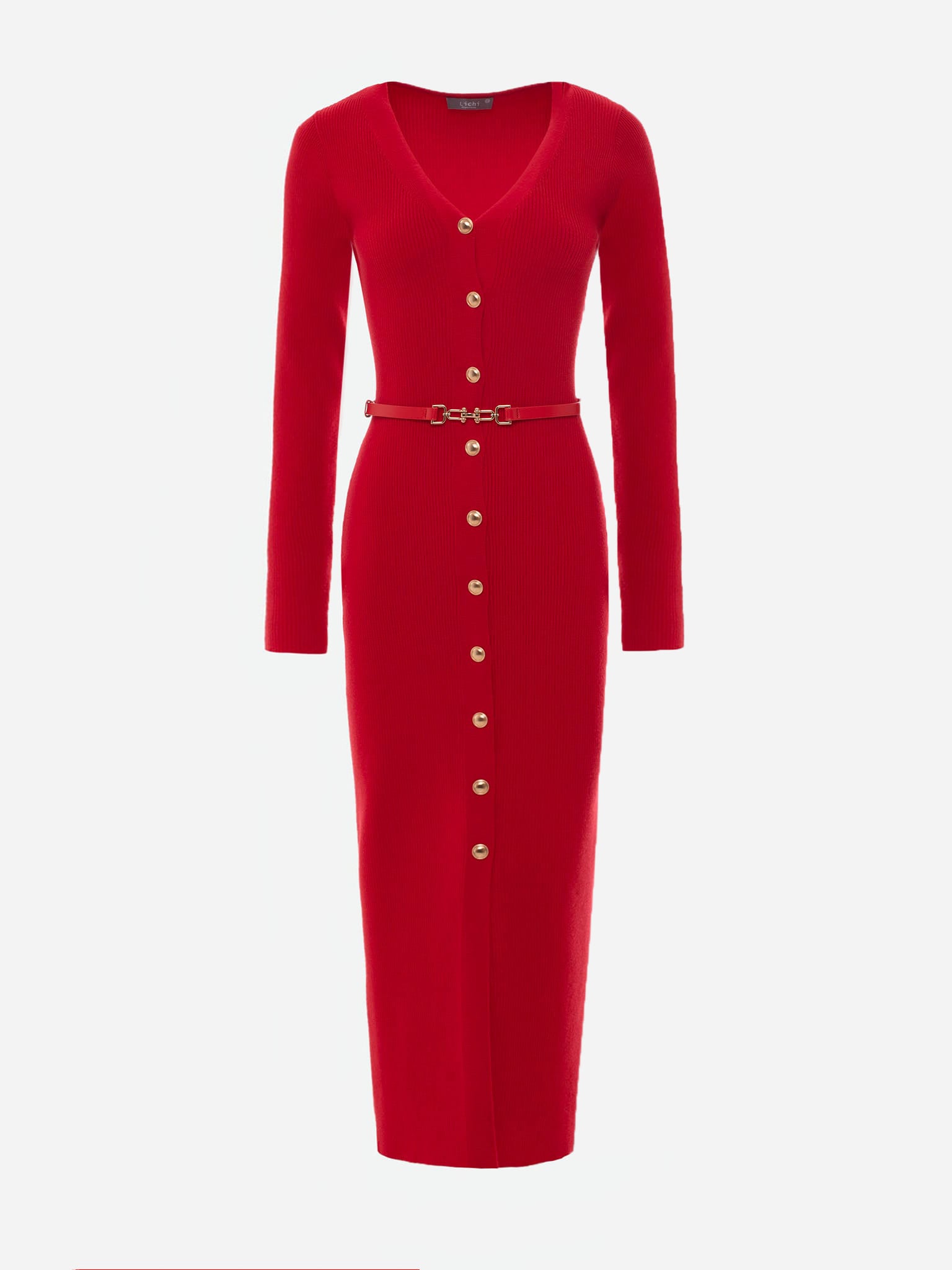 Knitted midi dress with a belt and golden decorations