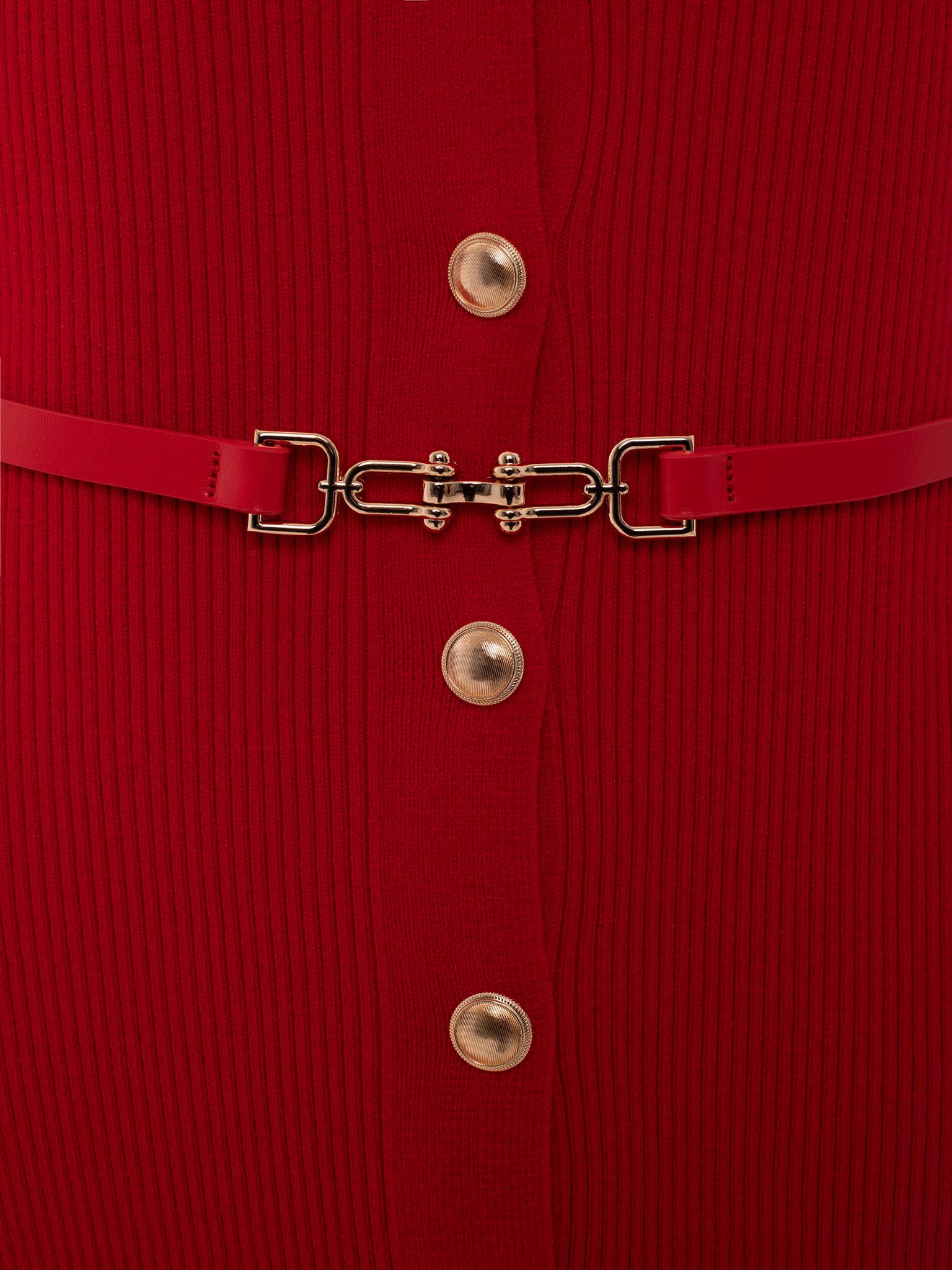 Knitted midi dress with a belt and golden decorations